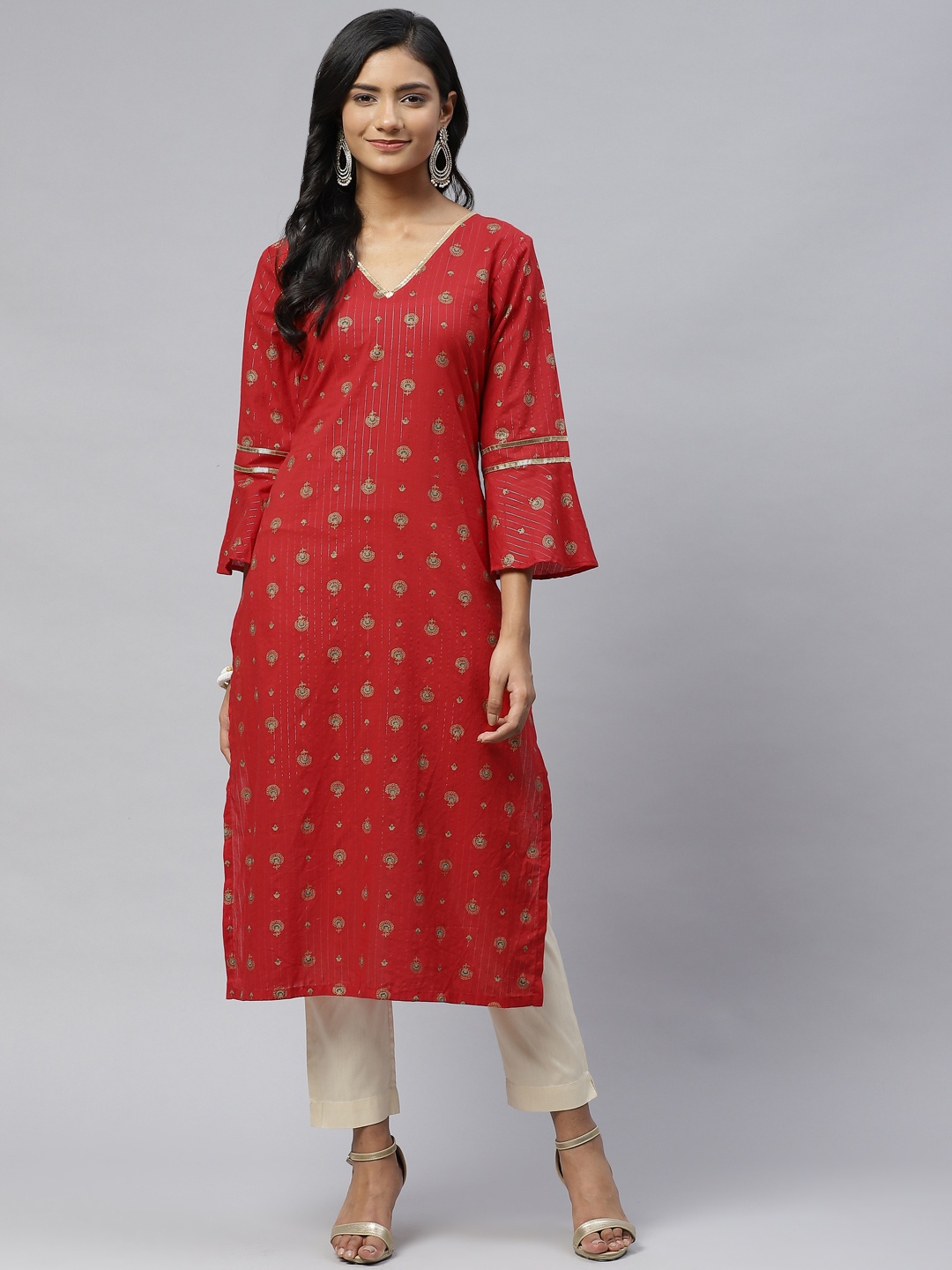 

Wabii Women Red & Golden Ethnic Motifs Printed Pure Cotton Kurta