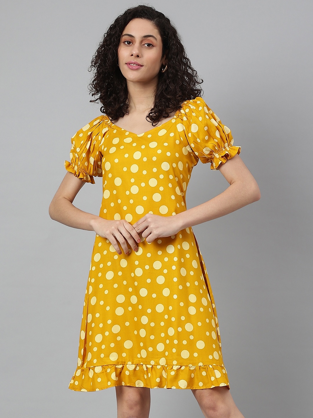 

Wabii Women Mustard Yellow Printed A-Line Dress