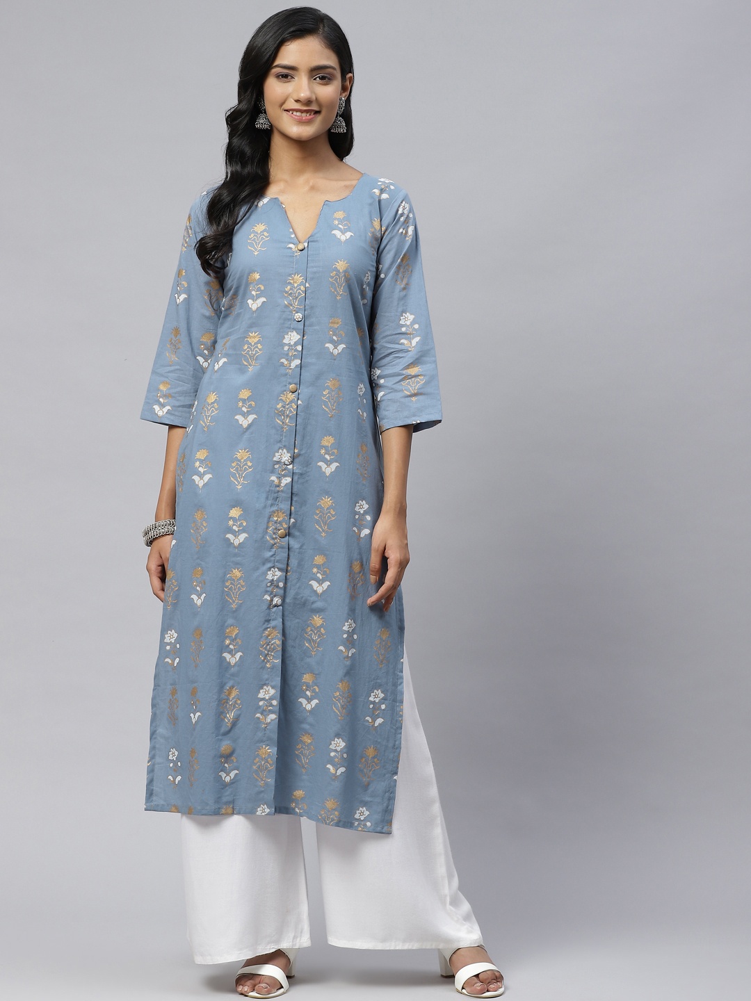 

Wabii Women Grey & Golden Ethnic Motifs Printed Kurta