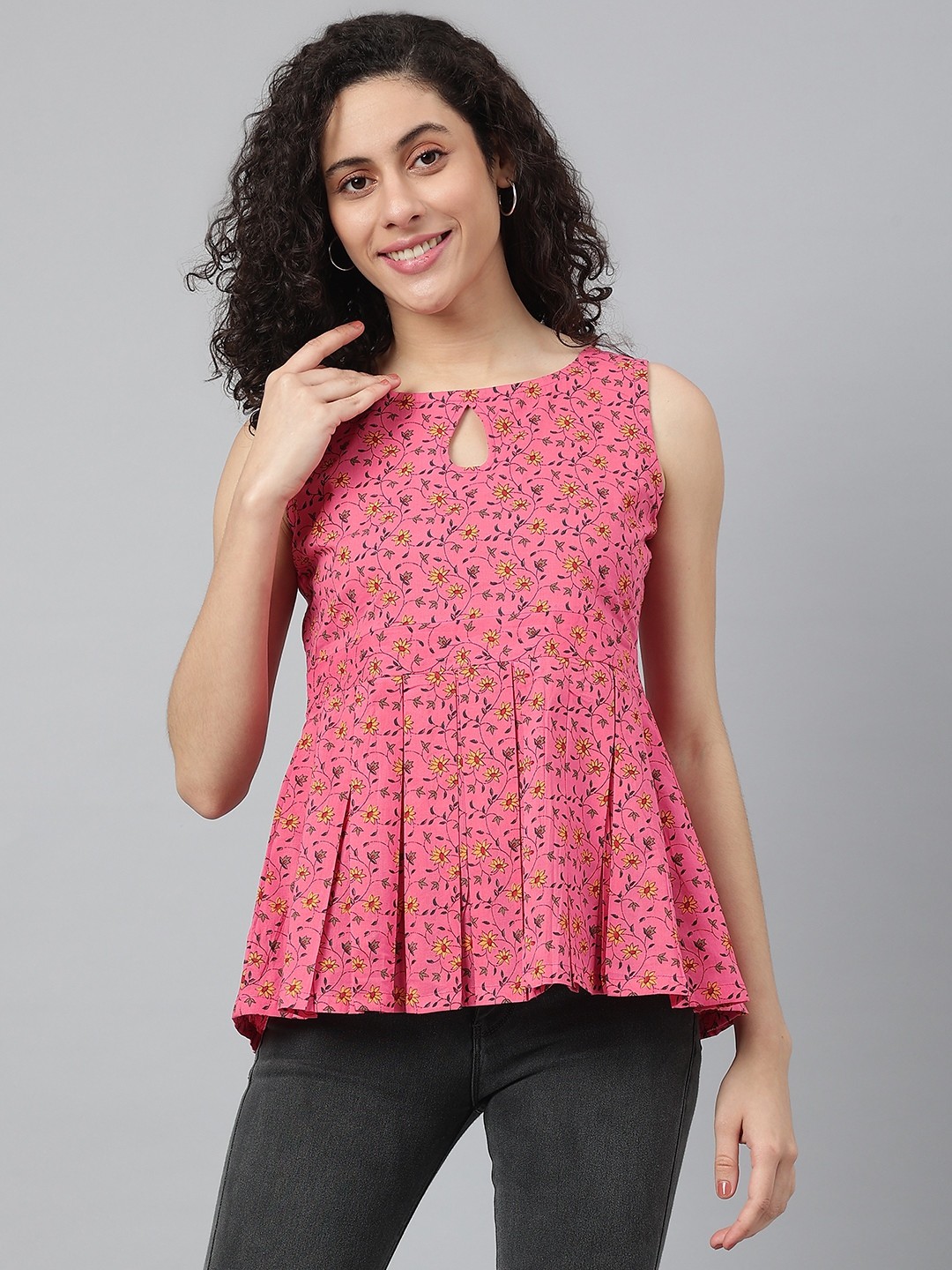

Wabii Women Pink & Yellow Pure Cotton Ethnic Motifs Print Keyhole Neck Peplum Top