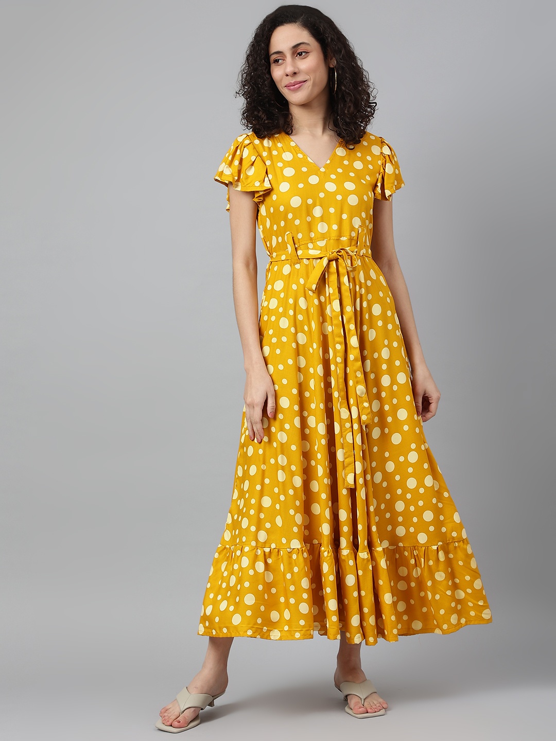 

Wabii Women Mustard Yellow Printed Pure Cotton Maxi Dress with Belt