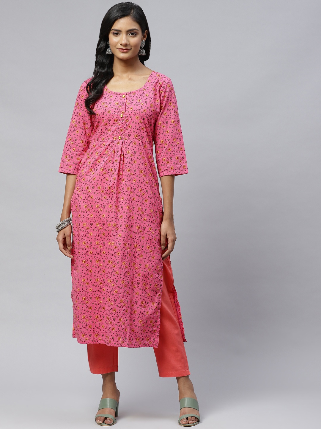 

Wabii Women Pink & Mustard Yellow Ethnic Motifs Printed Kurta