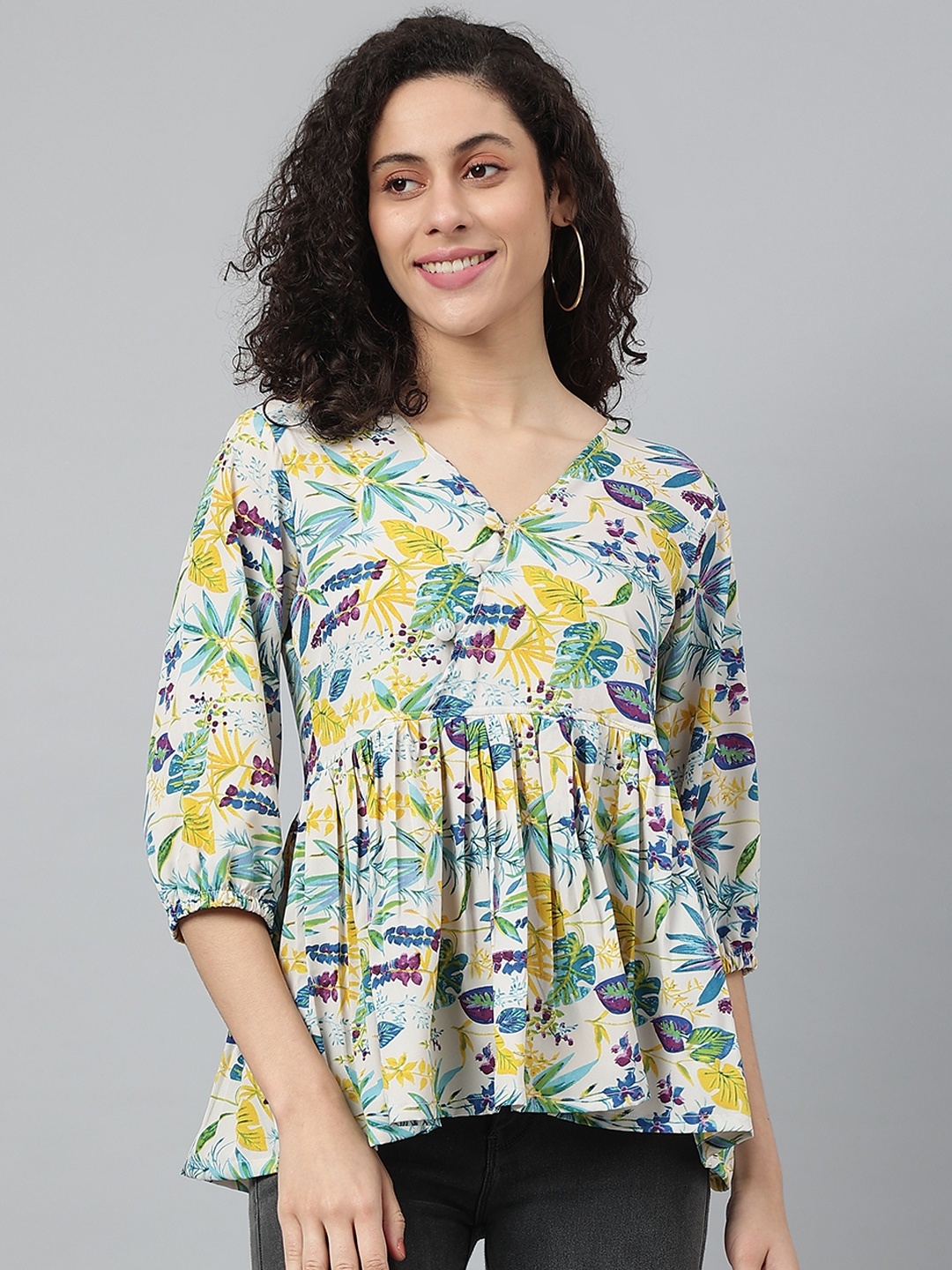 

Wabii Off Women White & Yellow Floral Print Crepe Peplum Top, Off white