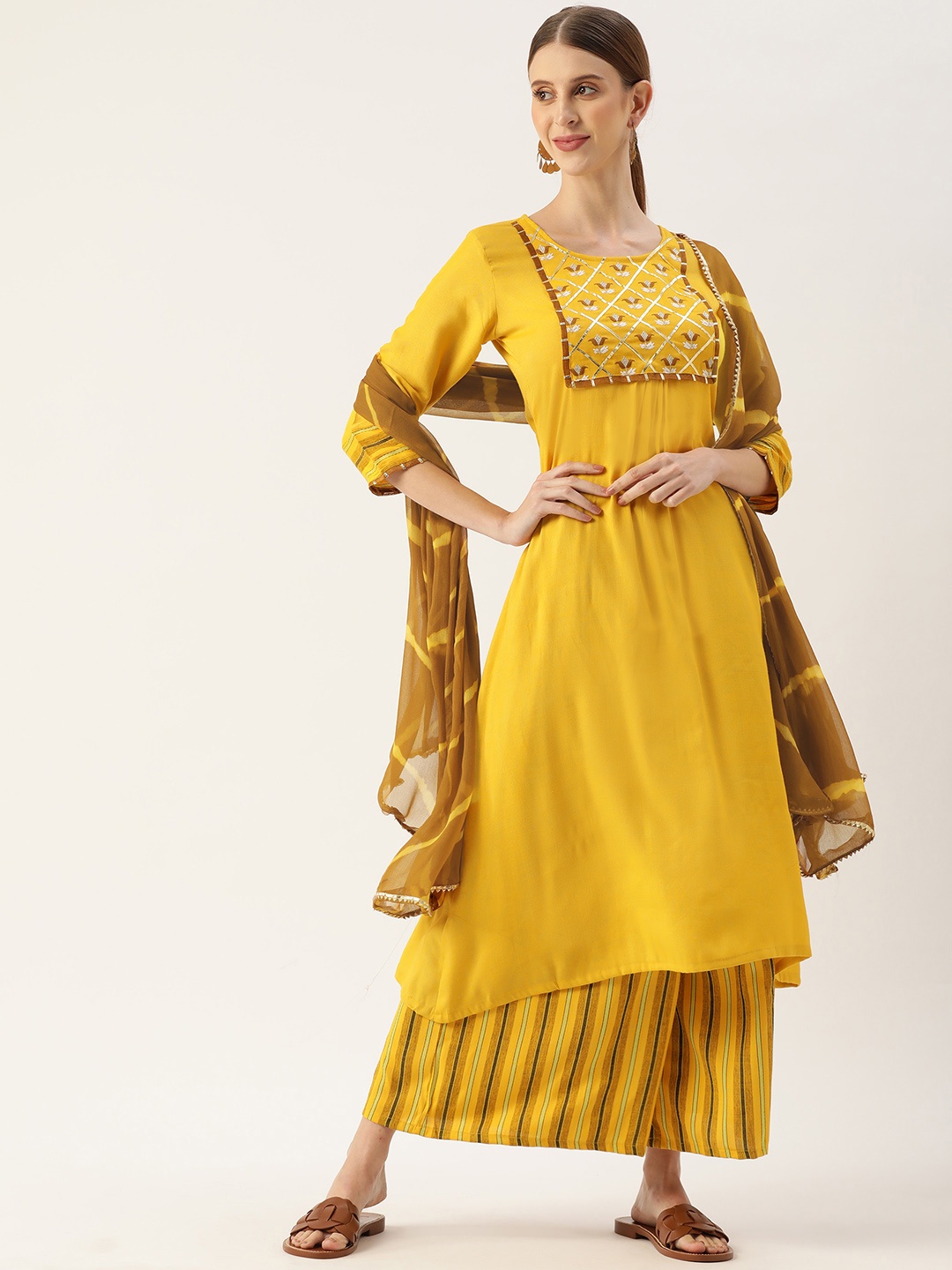 

VAABA Women Mustard Yellow Ethnic Motifs Yoke Design Kurta with Palazzos & Dupatta