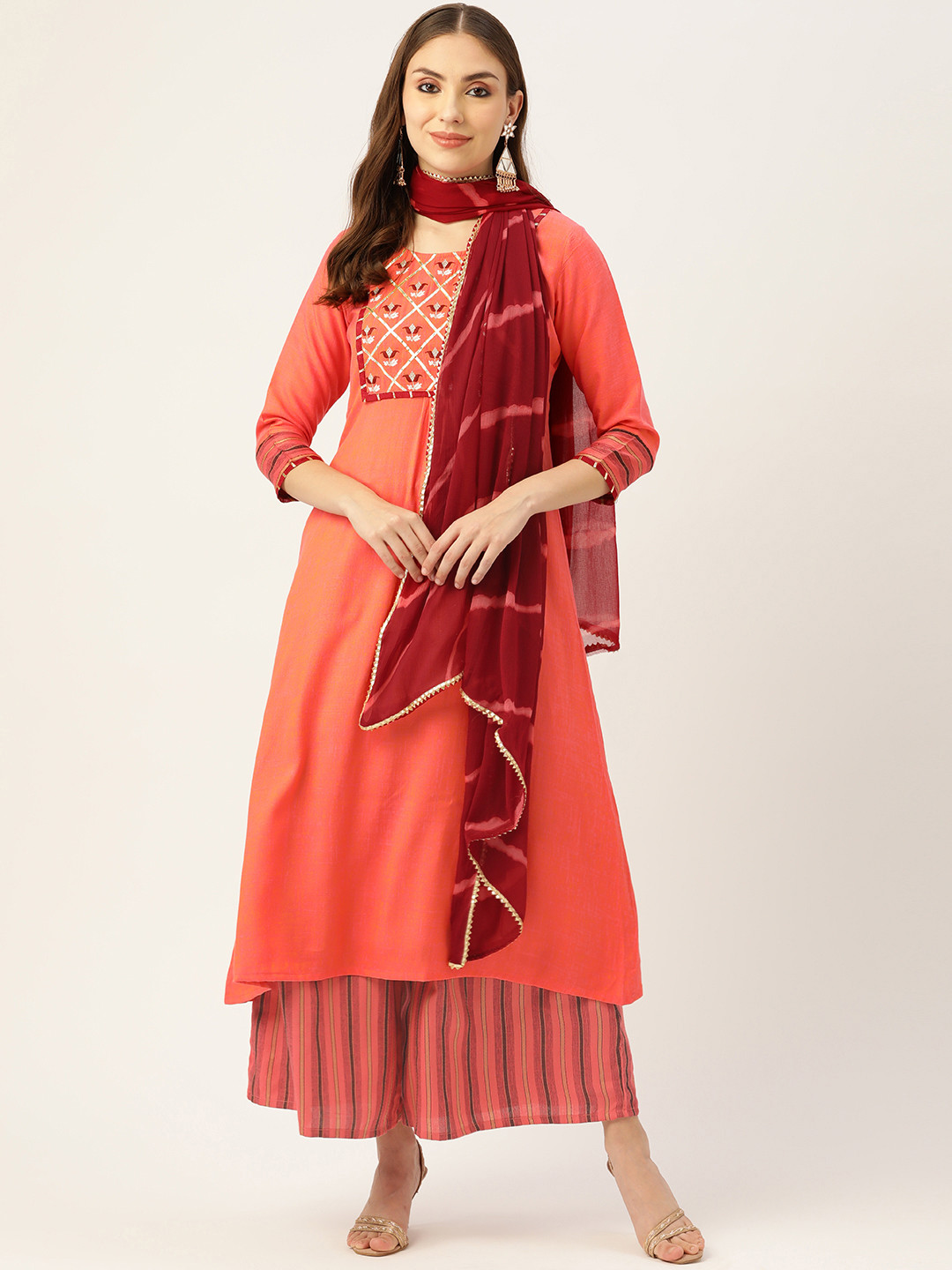 

VAABA Women Coral Embroidered Gotta Patti Kurta with Palazzos & With Dupatta