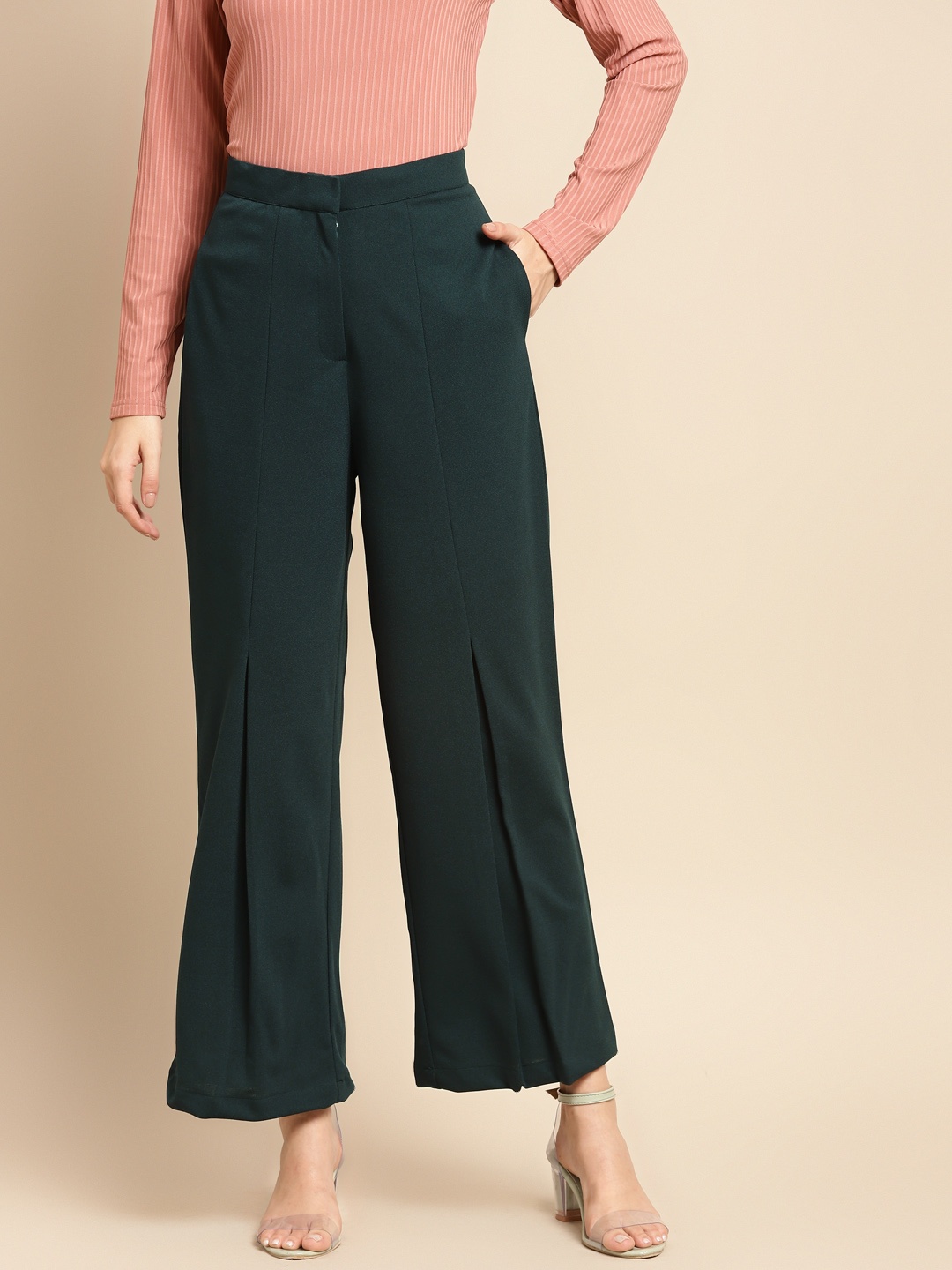 

WoowZerz Women Teal Green Sharp Flared High-Rise Easy Wash Pleated Trousers