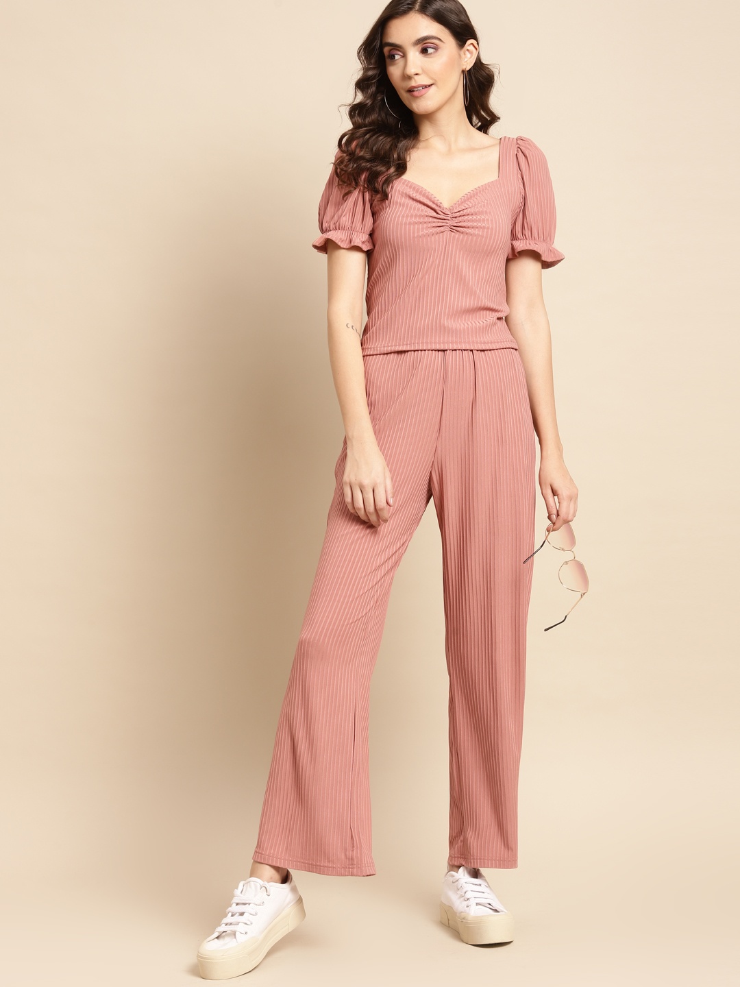 

WoowZerz Women Dusty Pink Ribbed Ruched Co-Ords Set, Rose