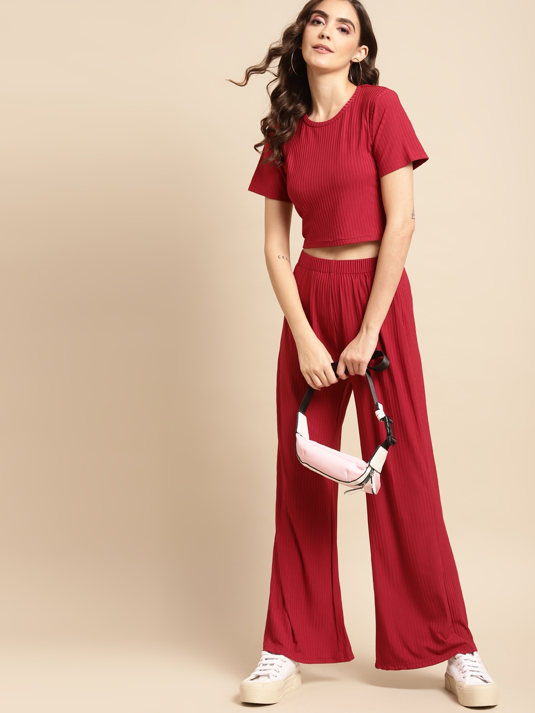 

WoowZerz Women Red Ribbed Co-Ords Set