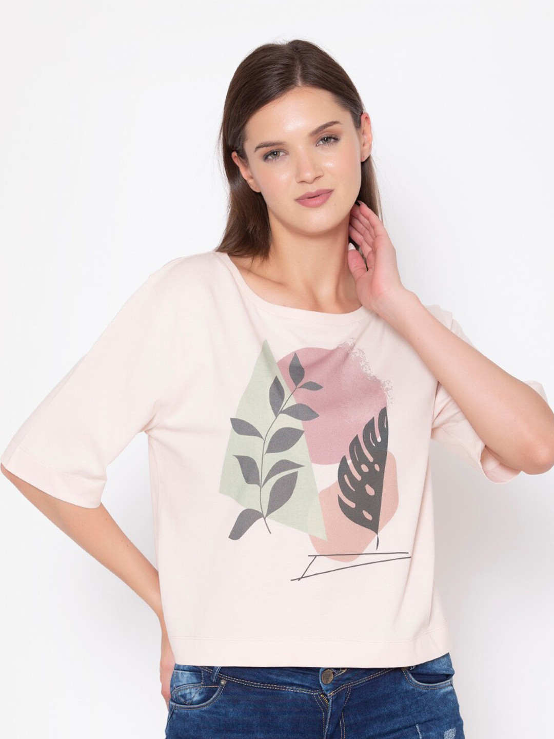 

FLAWLESS Women Pink Floral Printed Oversized Cotton T-shirt
