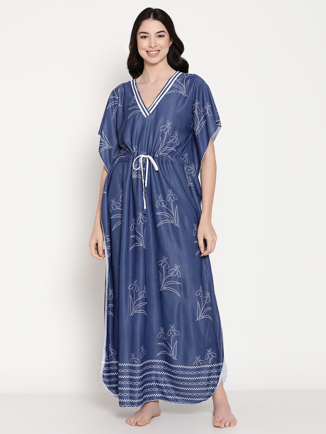 

Secret Wish Women Blue & White Floral Printed Kaftan Nightdress