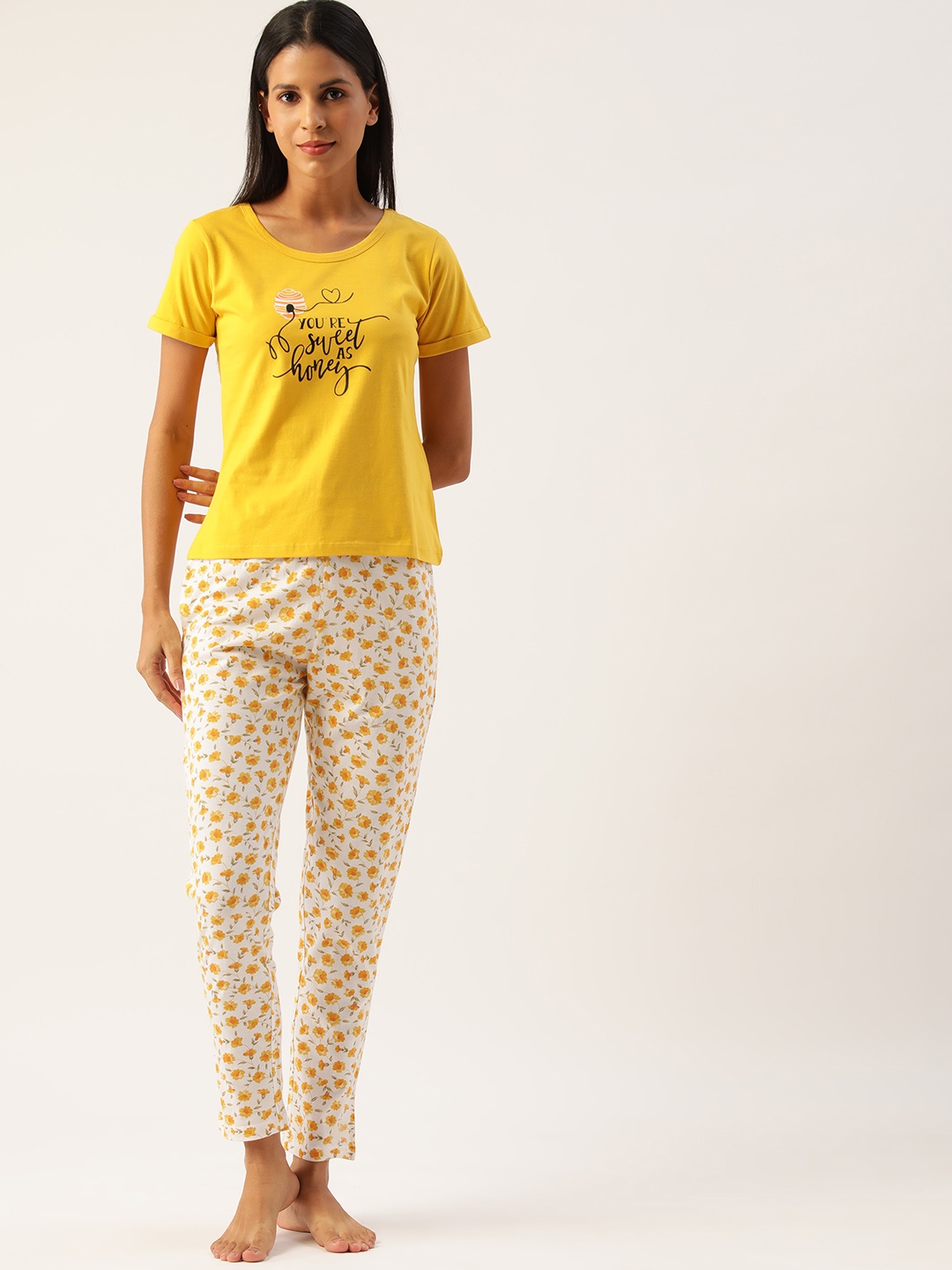 

ETC Women Yellow & White Printed Pure Cotton Night suit