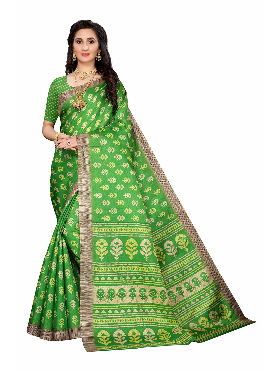 

AADVIKA Green & Yellow Floral Printed Saree