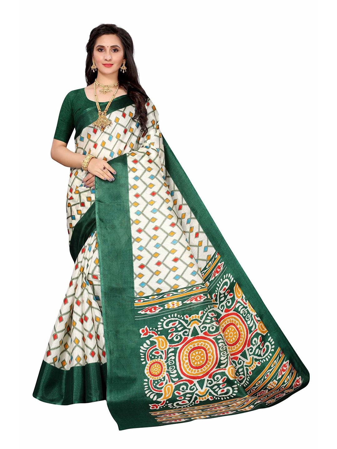

AADVIKA White & Green Cotton Blend Saree