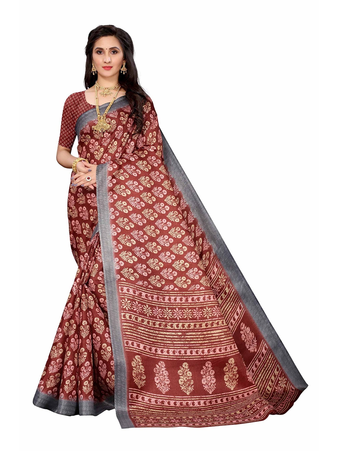 

AADVIKA Maroon & Pink Floral Printed Cotton Blend Saree