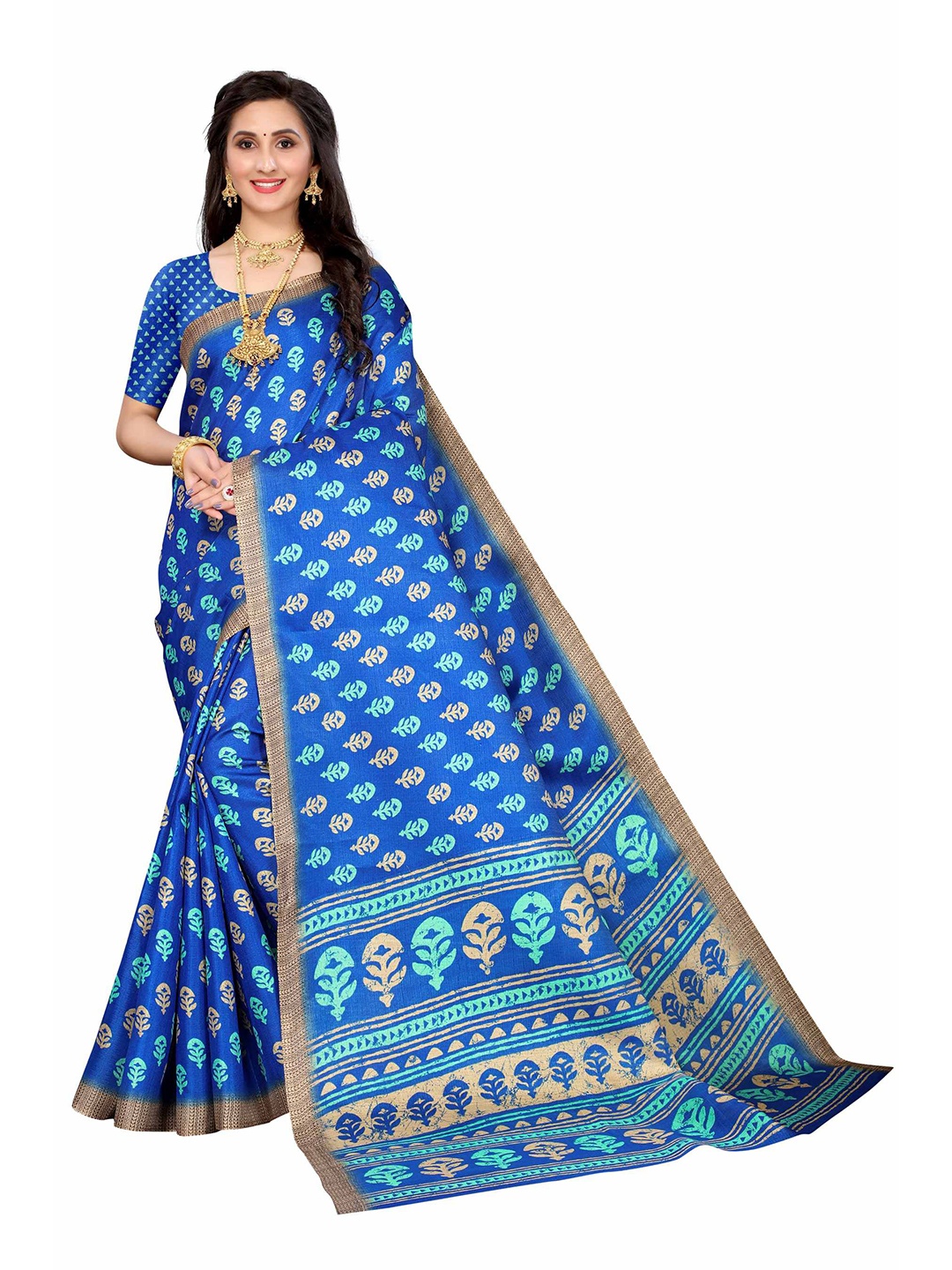 

AADVIKA Blue & Beige Ethnic Motifs Khadi Saree