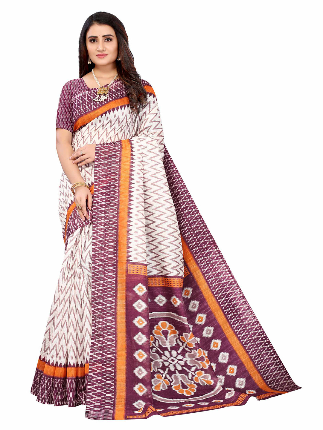 

AADVIKA White & Purple Ethnic Motifs Saree