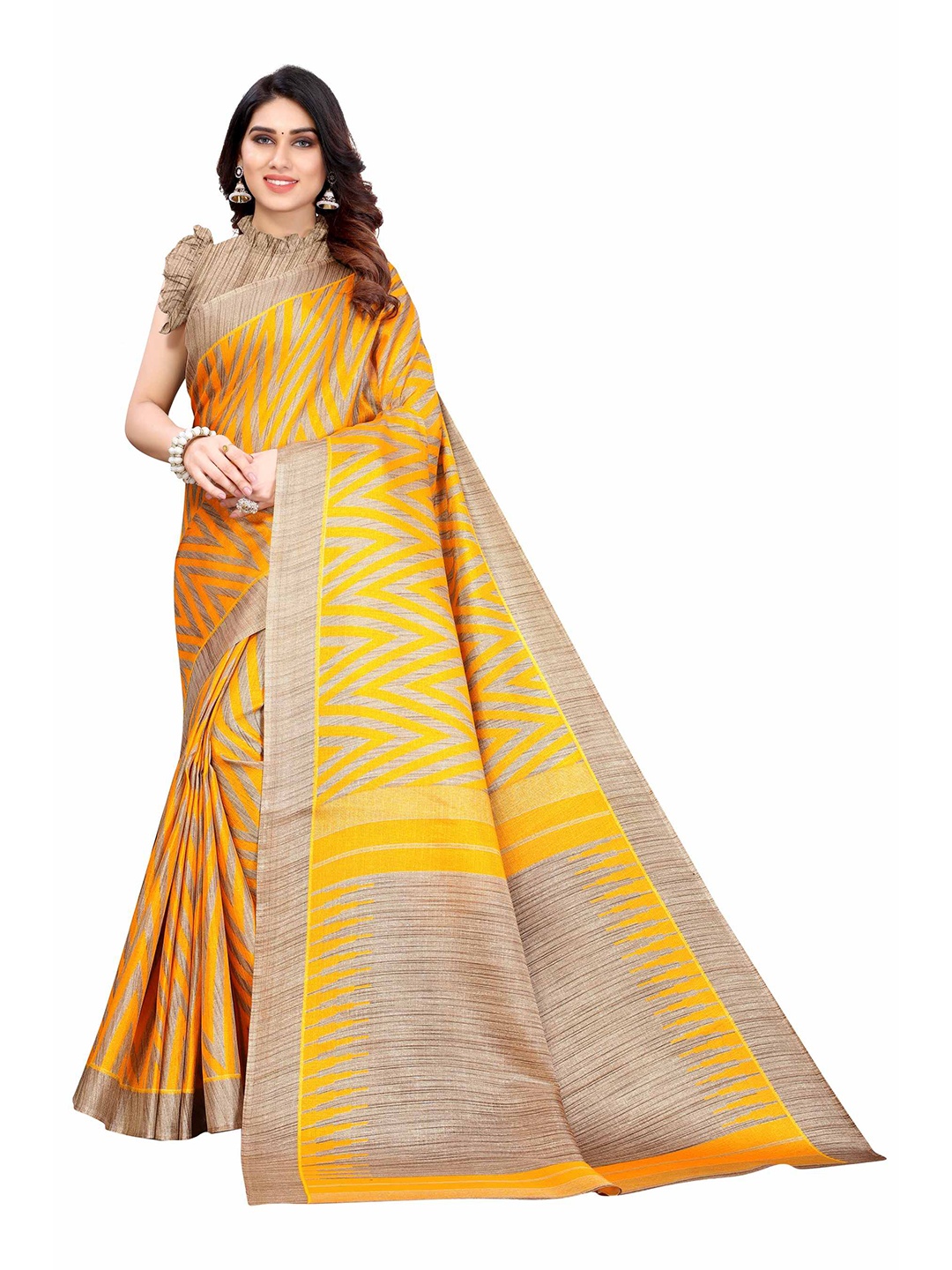 

AADVIKA Yellow & Beige Printed Saree