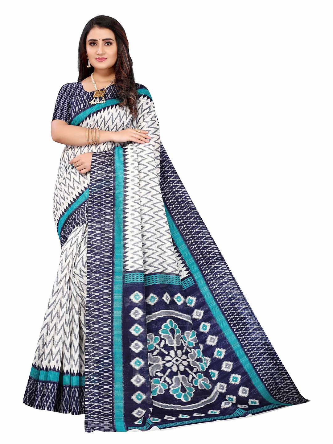 

AADVIKA White & Blue Ethnic Motifs Saree
