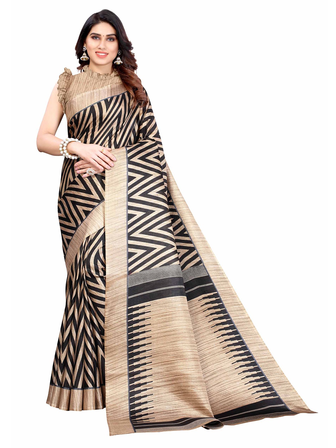 

AADVIKA Black & Beige Printed Khadi Saree