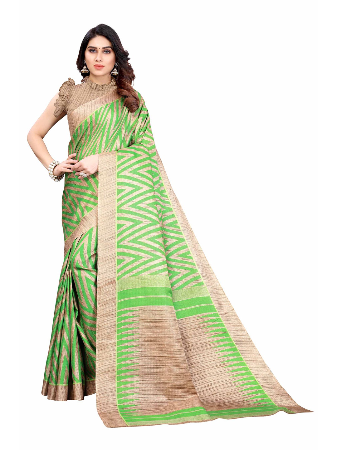 

AADVIKA Green & Beige Printed Saree
