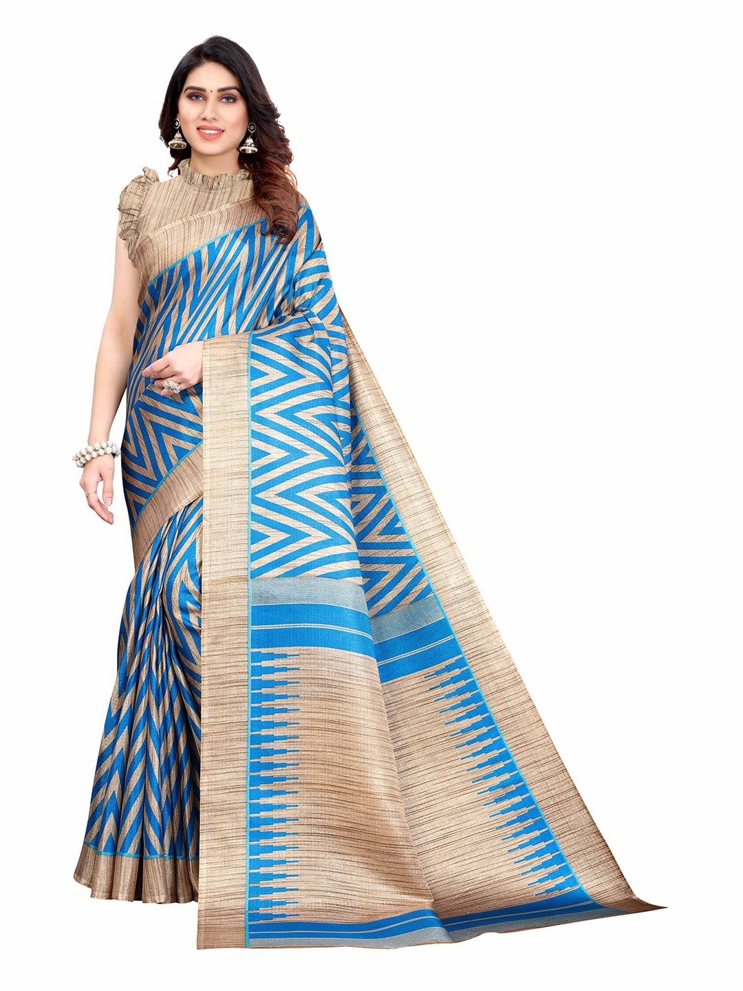 

AADVIKA Blue & Beige Printed Saree