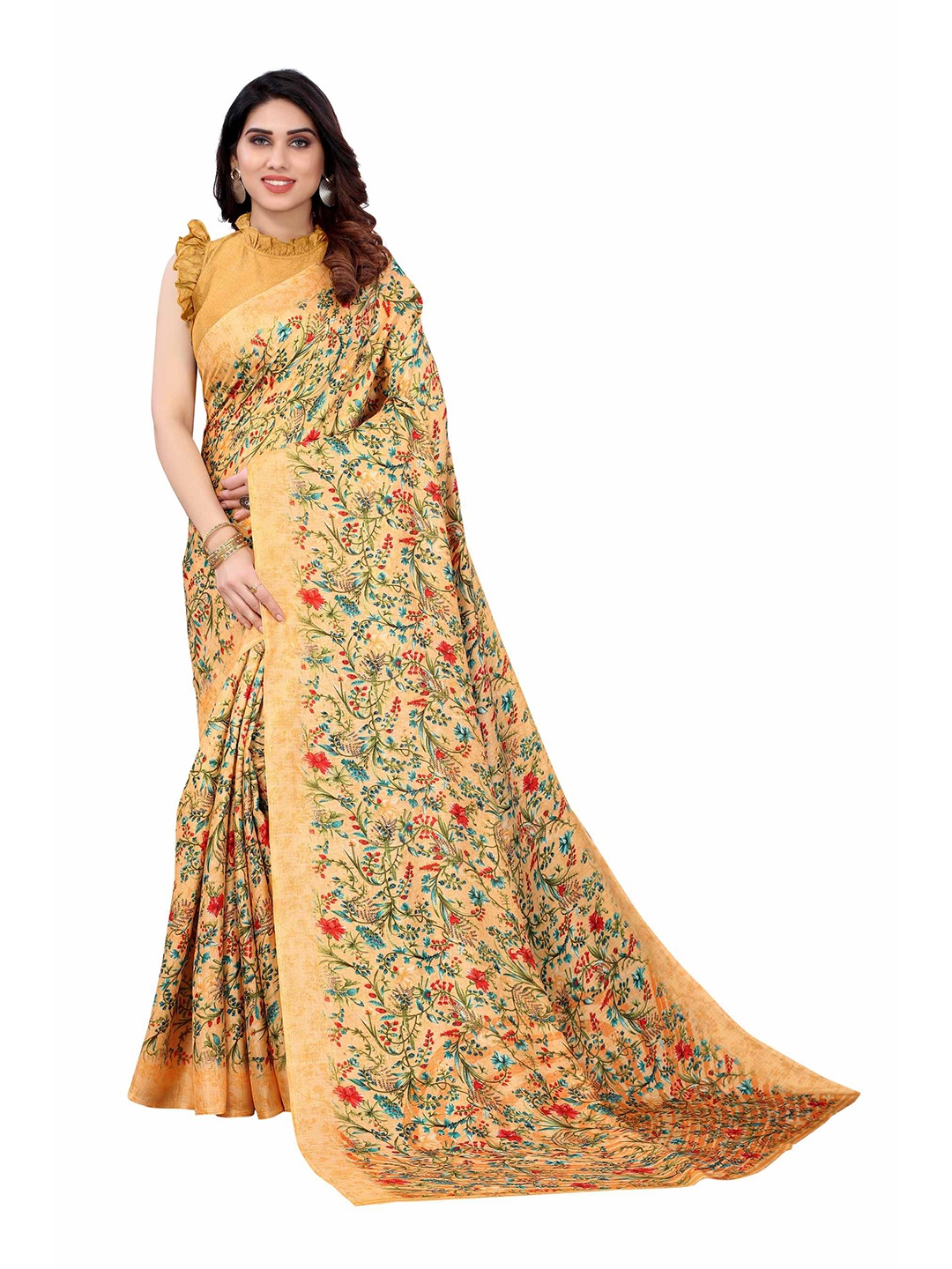 

AADVIKA Orange & Green Floral Printed Khadi Saree