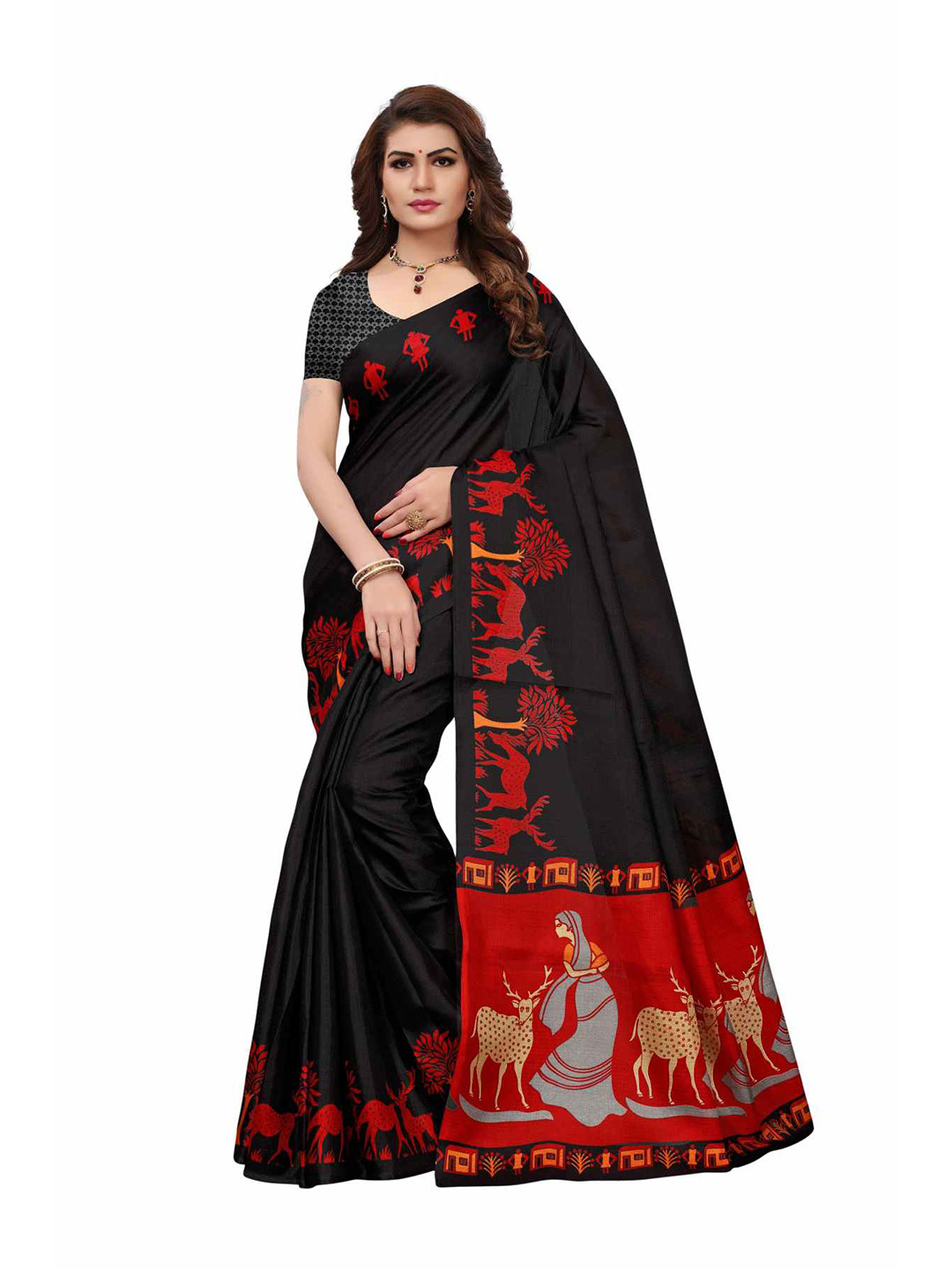 

AADVIKA Black & Red Ethnic Motifs Printed Cotton Blend Saree