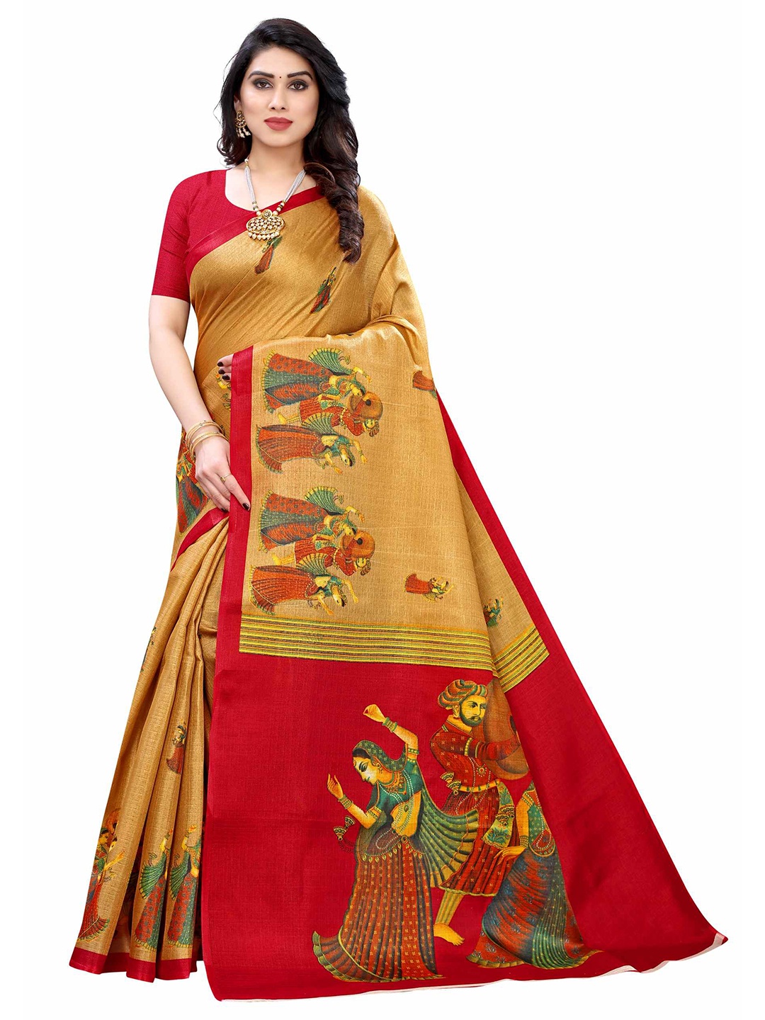 

AADVIKA Gold-Toned & Red Ethnic Motifs Cotton Blend Saree