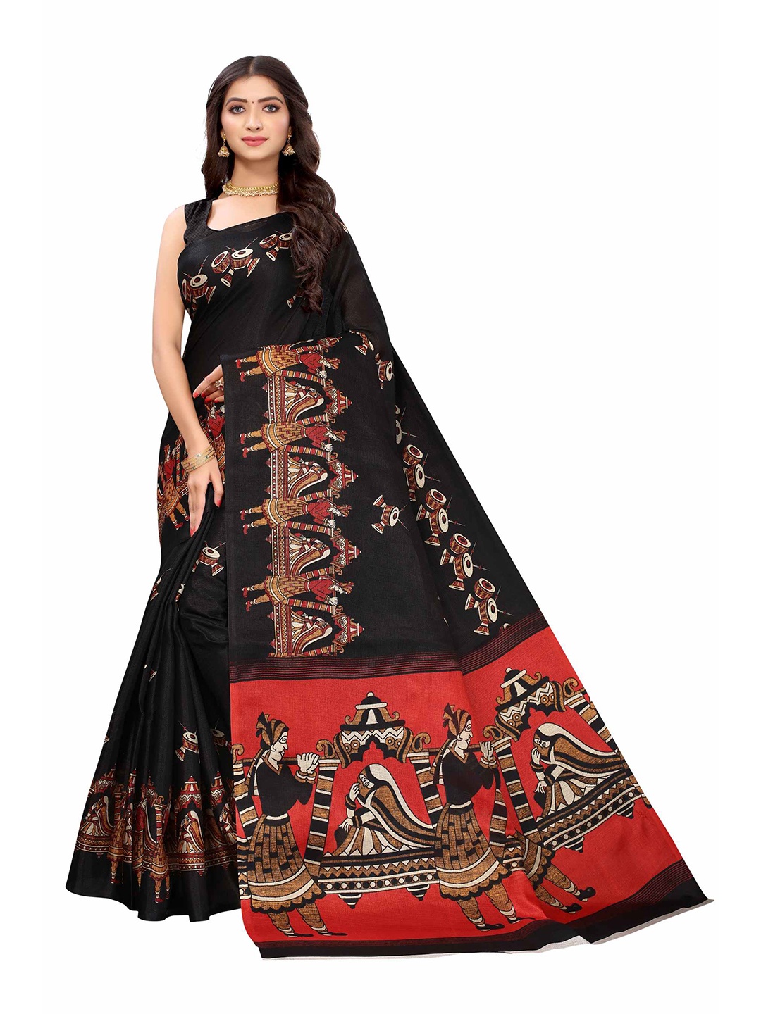

AADVIKA Black & Red Ethnic Motifs Printed Saree