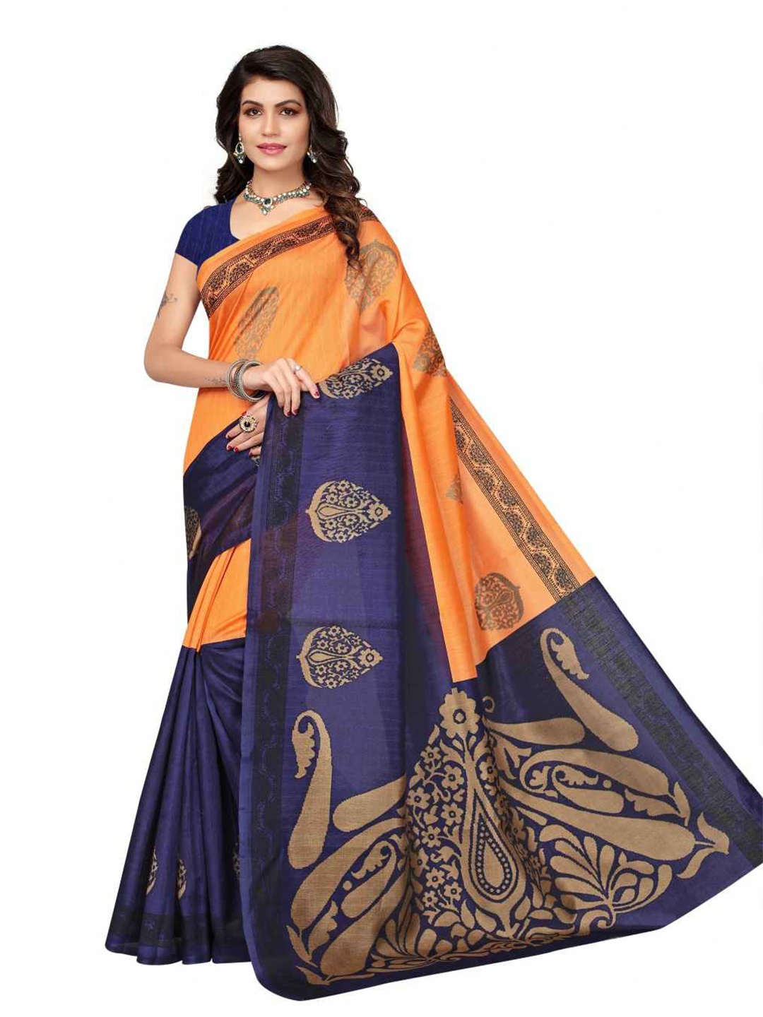 

AADVIKA Navy Blue & Orange Ethnic Motifs Printed Khadi Saree