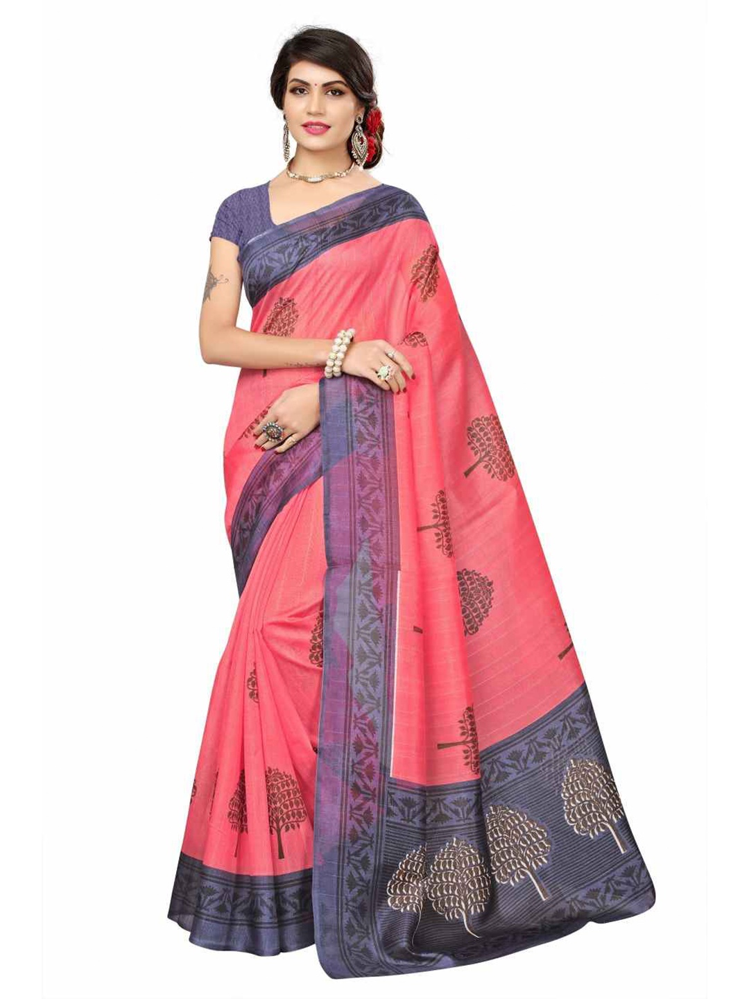 

AADVIKA Pink & Blue Floral Cotton Blend Saree