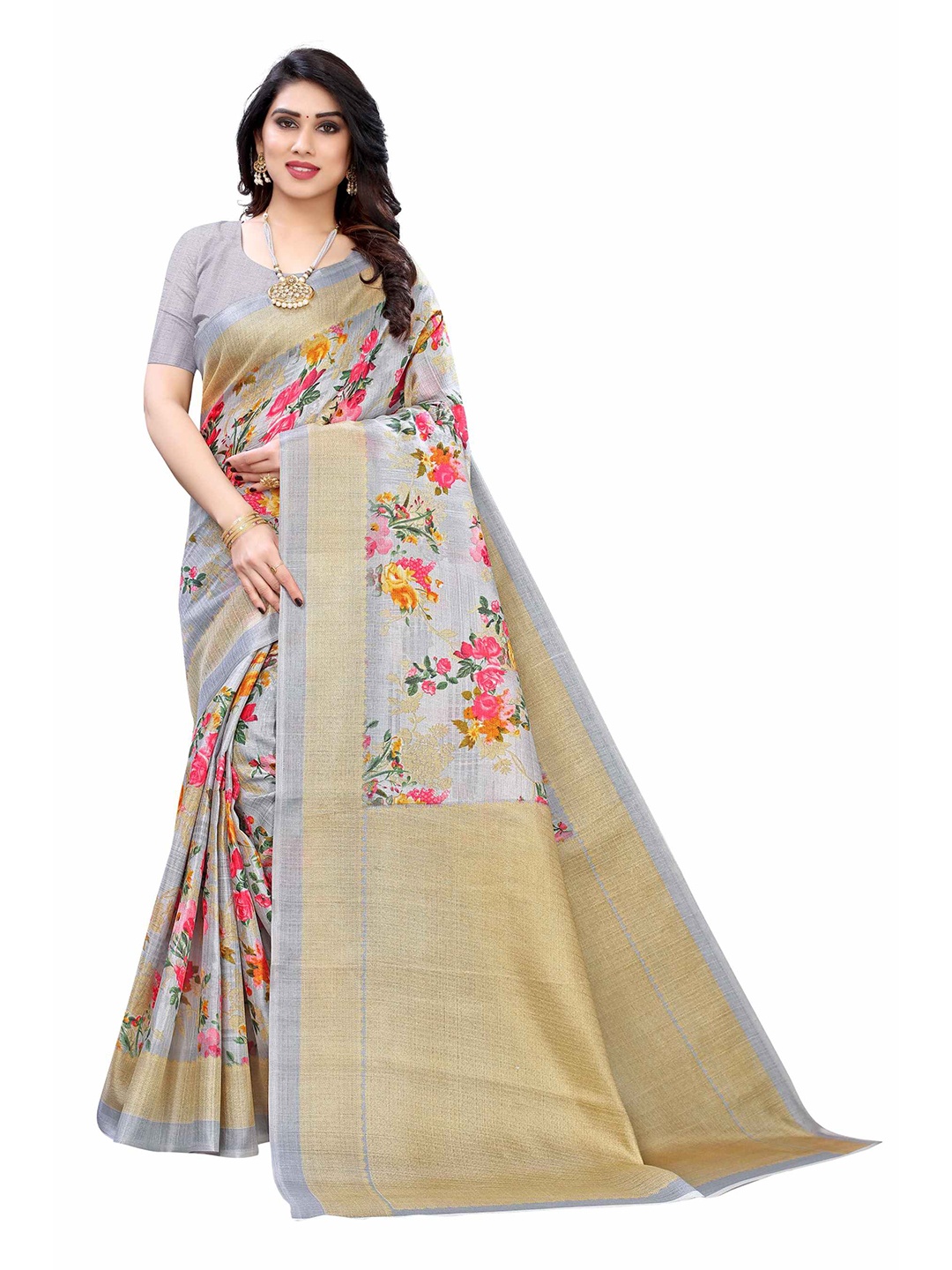 

AADVIKA Grey & Pink Floral Printed Khadi Saree