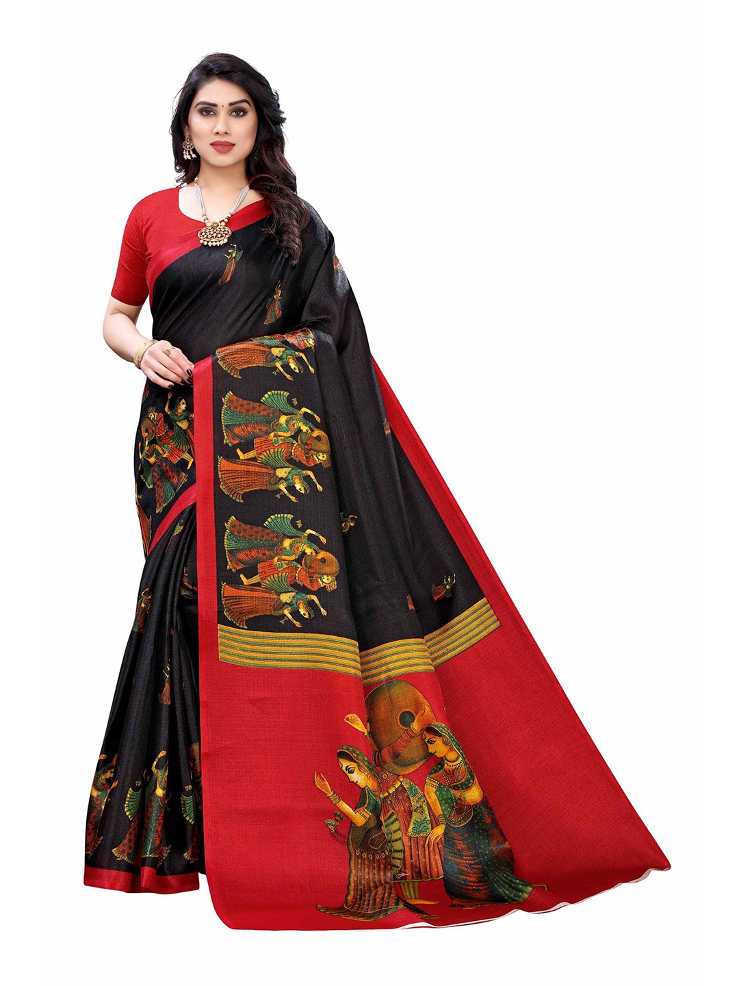 

AADVIKA Black & Red Ethnic Motifs Printed Cotton Blend Saree