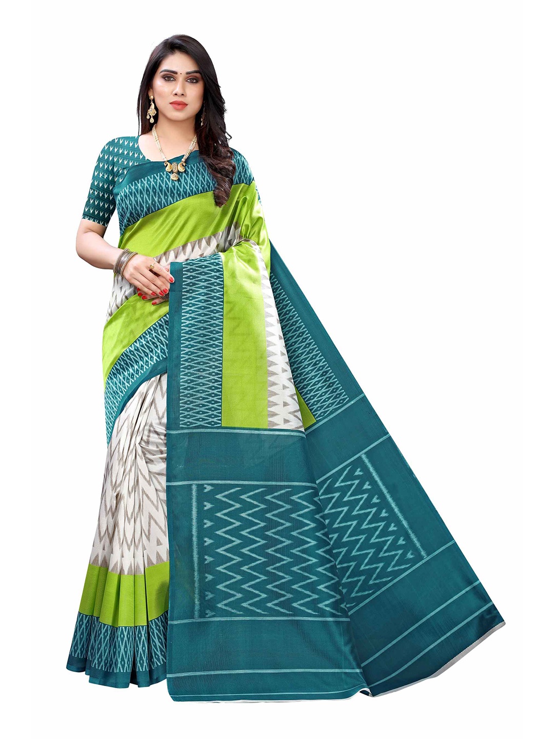 

AADVIKA Green & Teal Printed Saree