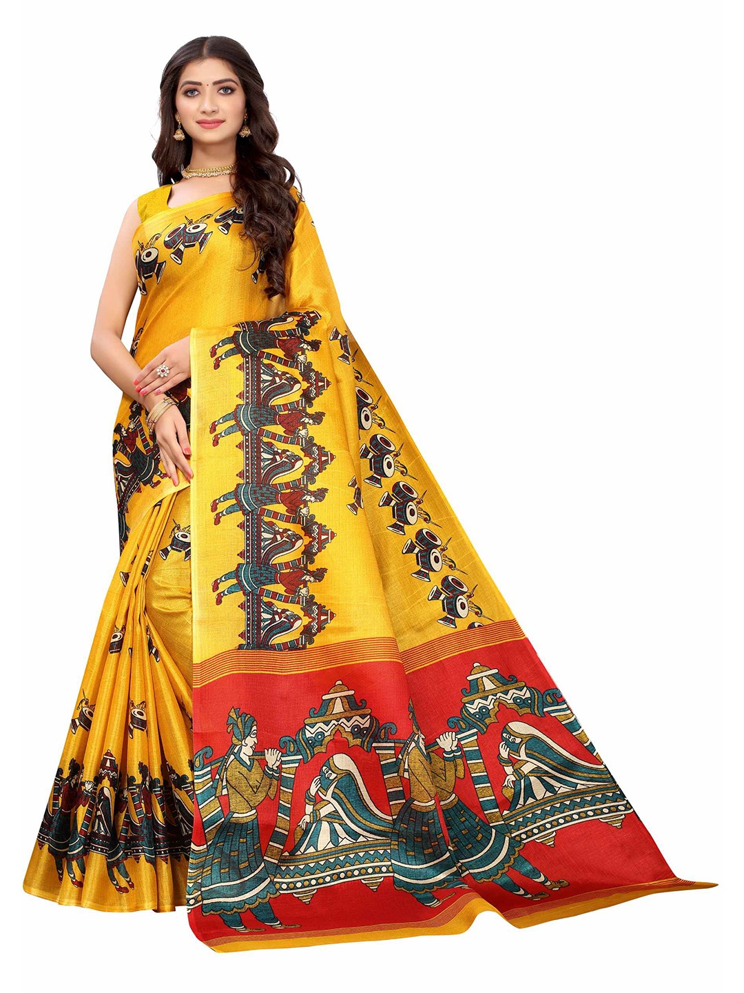 

AADVIKA Yellow & Red Ethnic Motifs Printed Khadi Saree