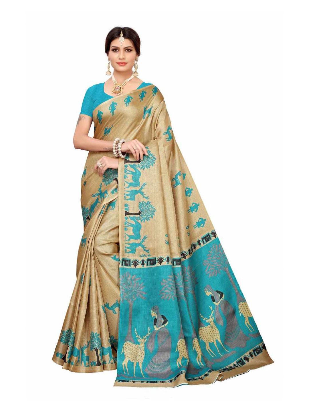 

AADVIKA Brown & Blue Ethnic Motifs Printed Cotton Blend Saree
