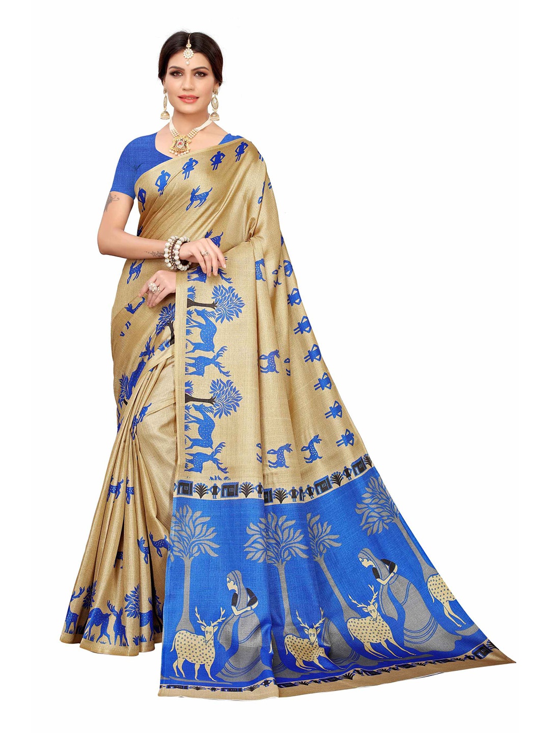 

AADVIKA Beige & Blue Ethnic Motifs Cotton Blend Saree