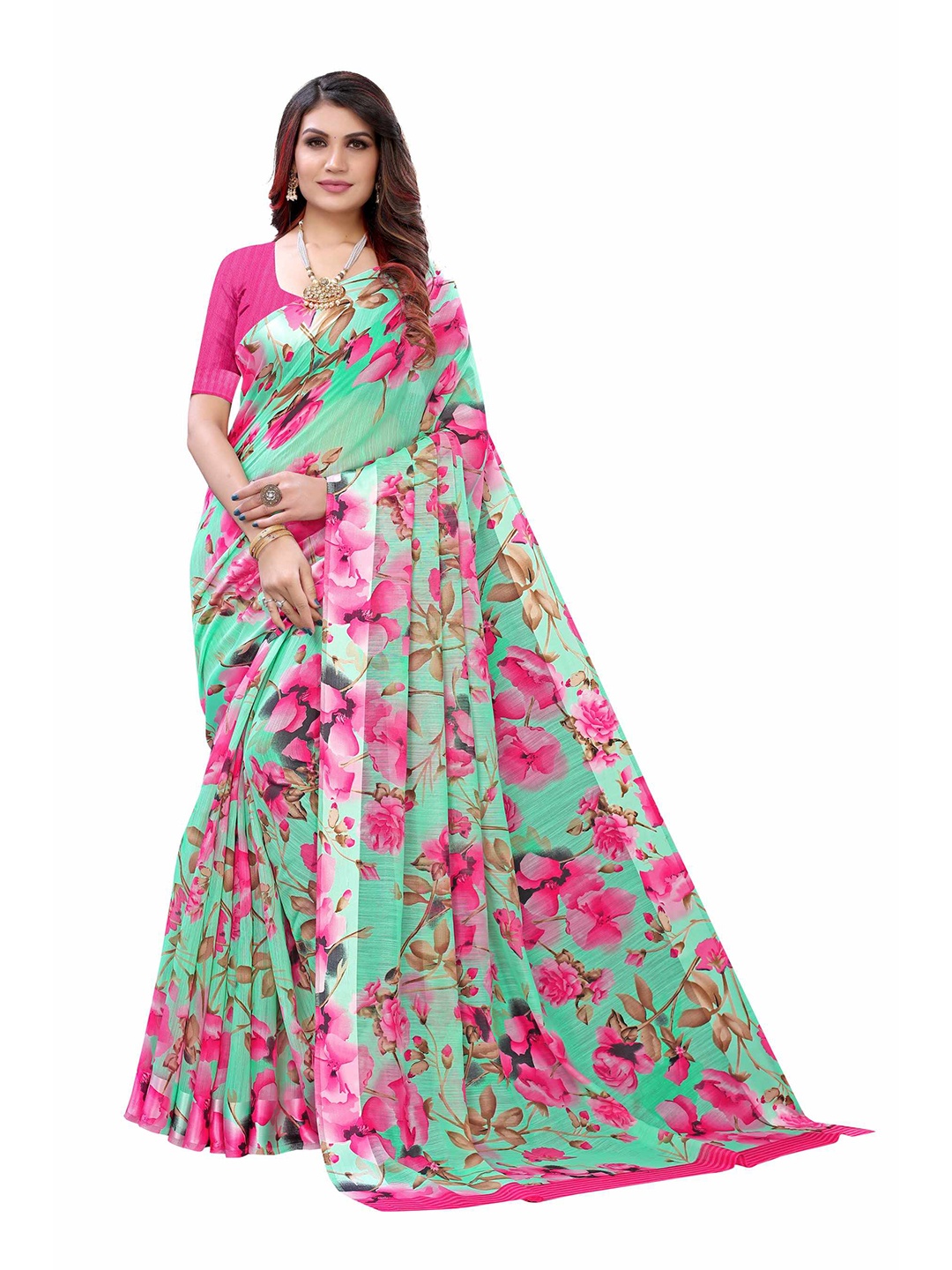 

AADVIKA Green & Pink Floral Printed Linen Blend Saree