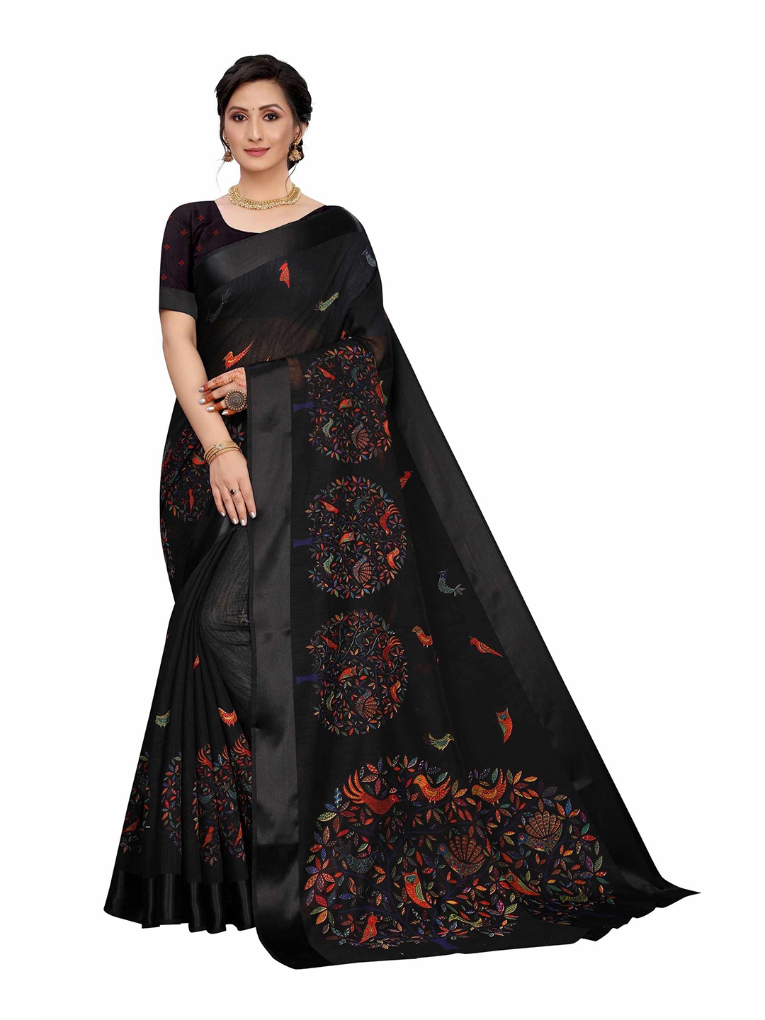 

AADVIKA Black & Red Floral Linen Blend Saree