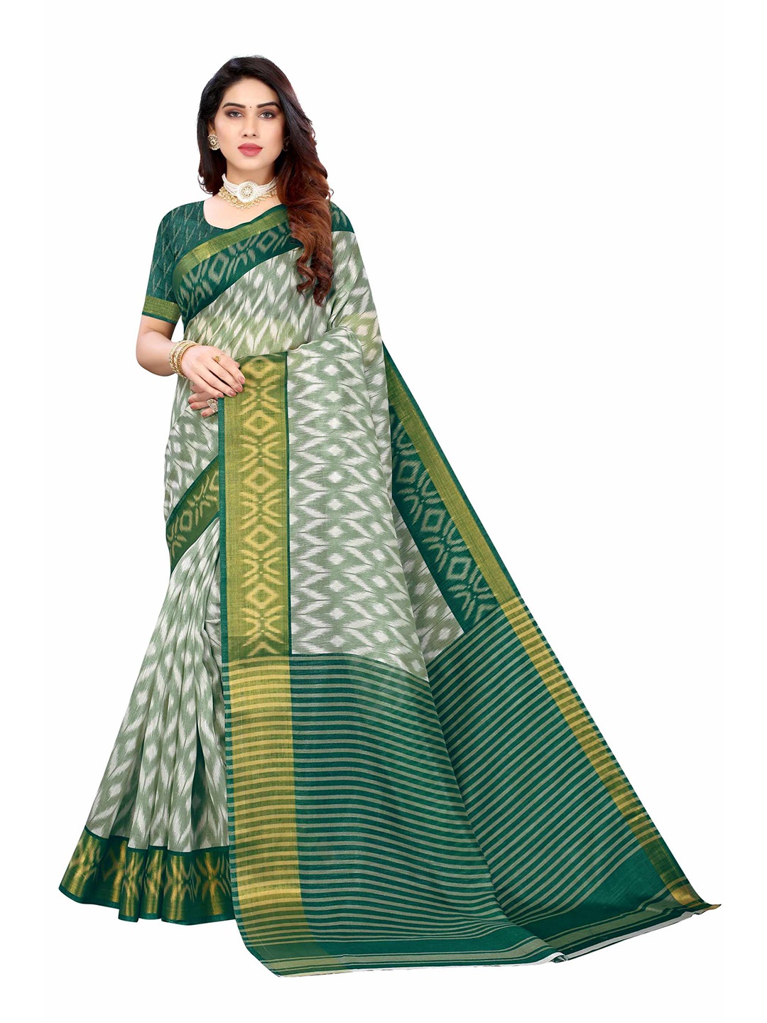 

AADVIKA Green & Grey Ethnic Motifs Printed Linen Blend Saree