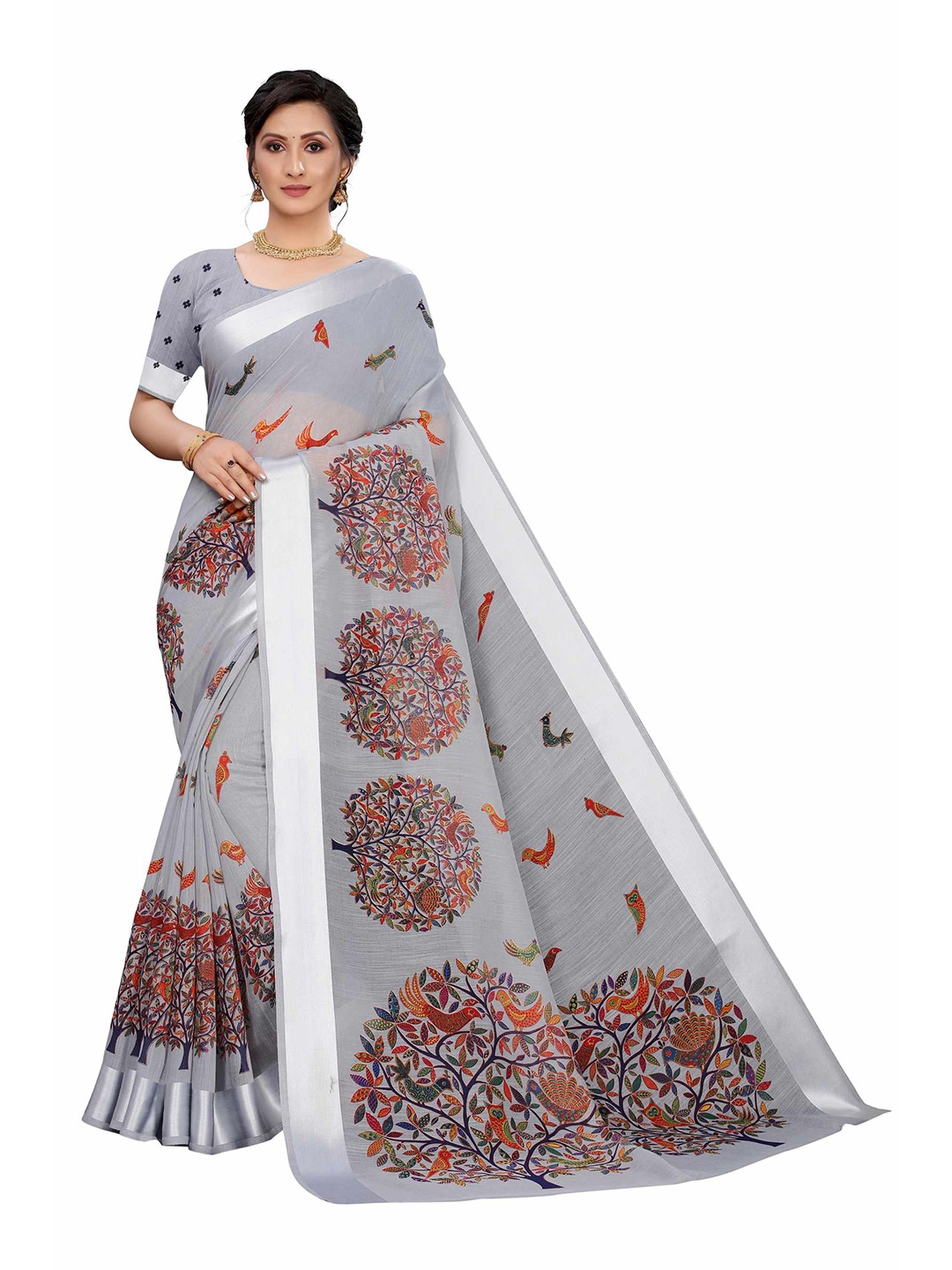 

AADVIKA Grey & Orange Floral Linen Blend Saree