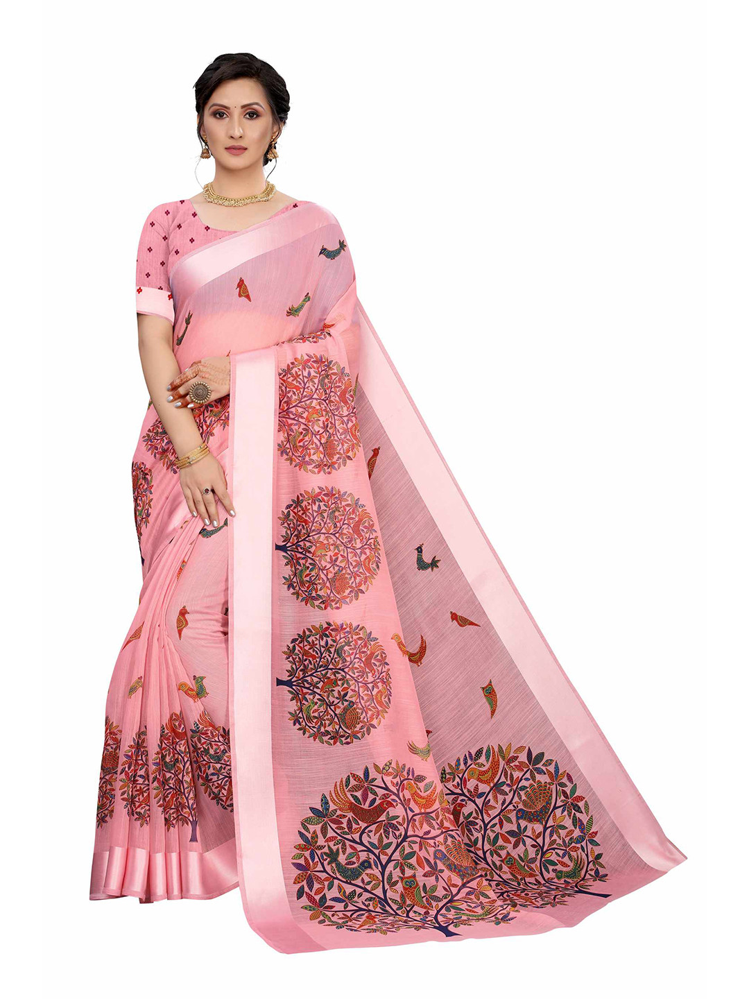 

AADVIKA Pink & Orange Floral Linen Blend Saree