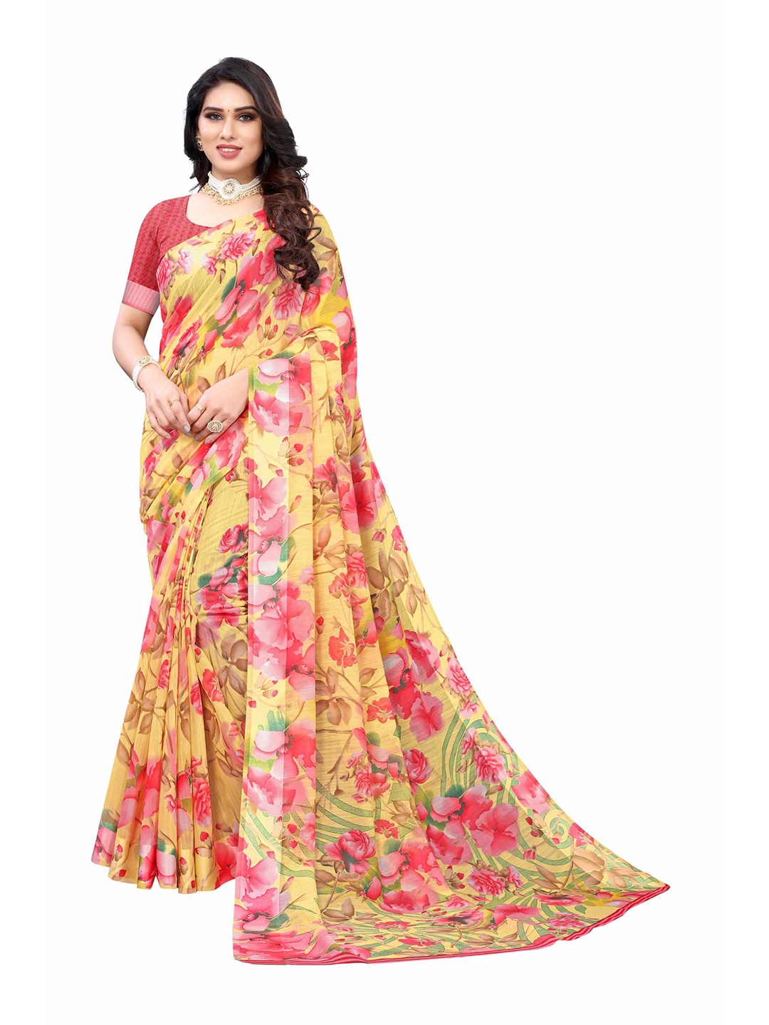 

AADVIKA Yellow & Pink Floral Printed Saree