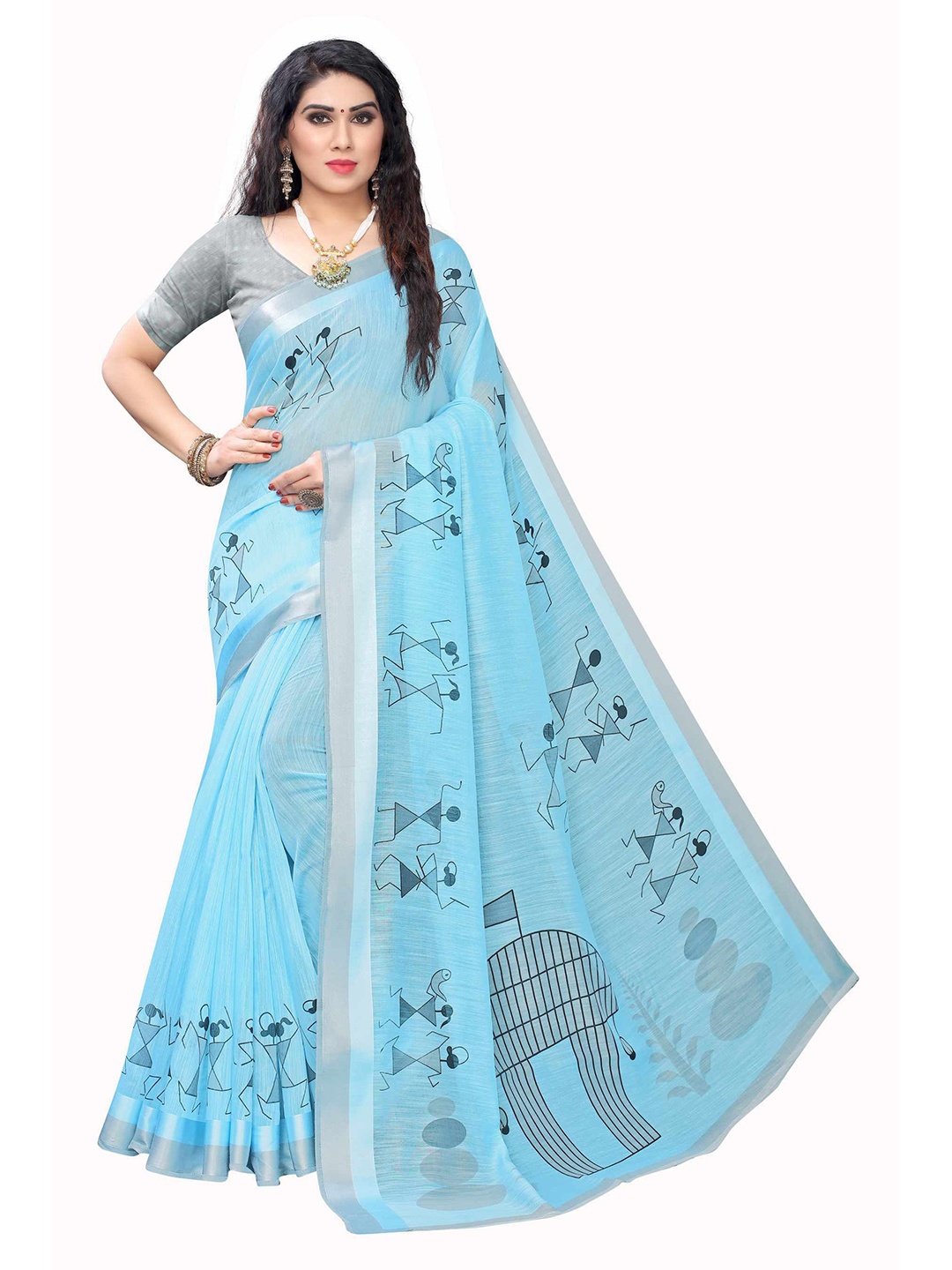 

AADVIKA Blue & Grey Warli Linen Blend Saree