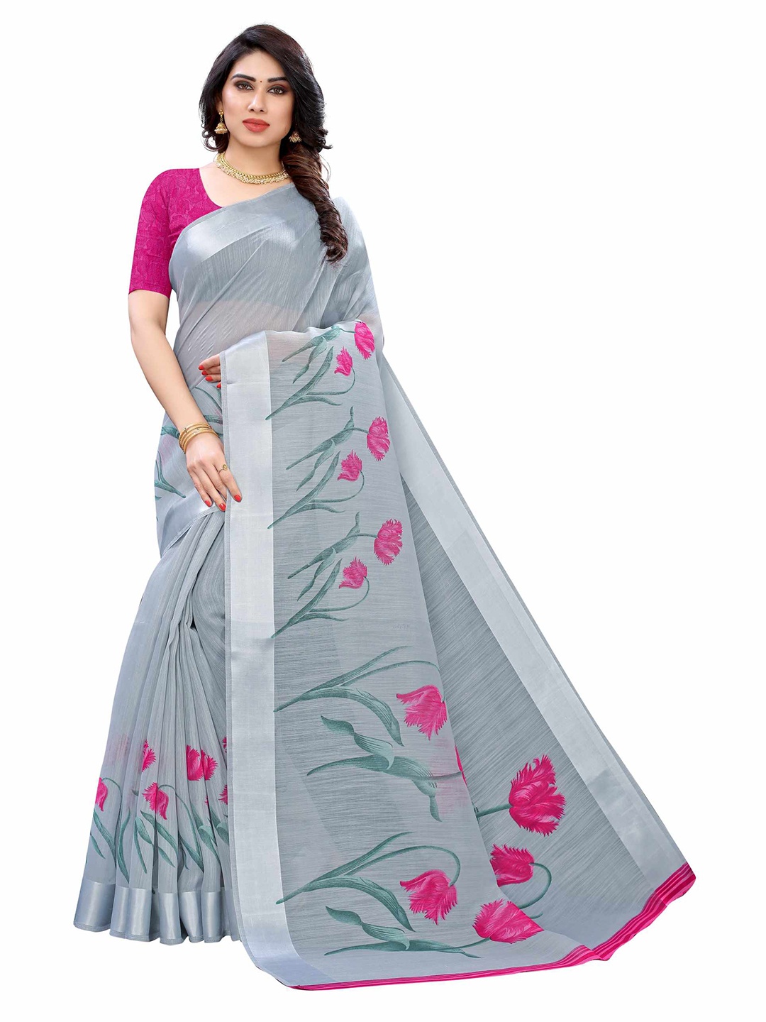 

AADVIKA Grey & Pink Floral Linen Blend Saree