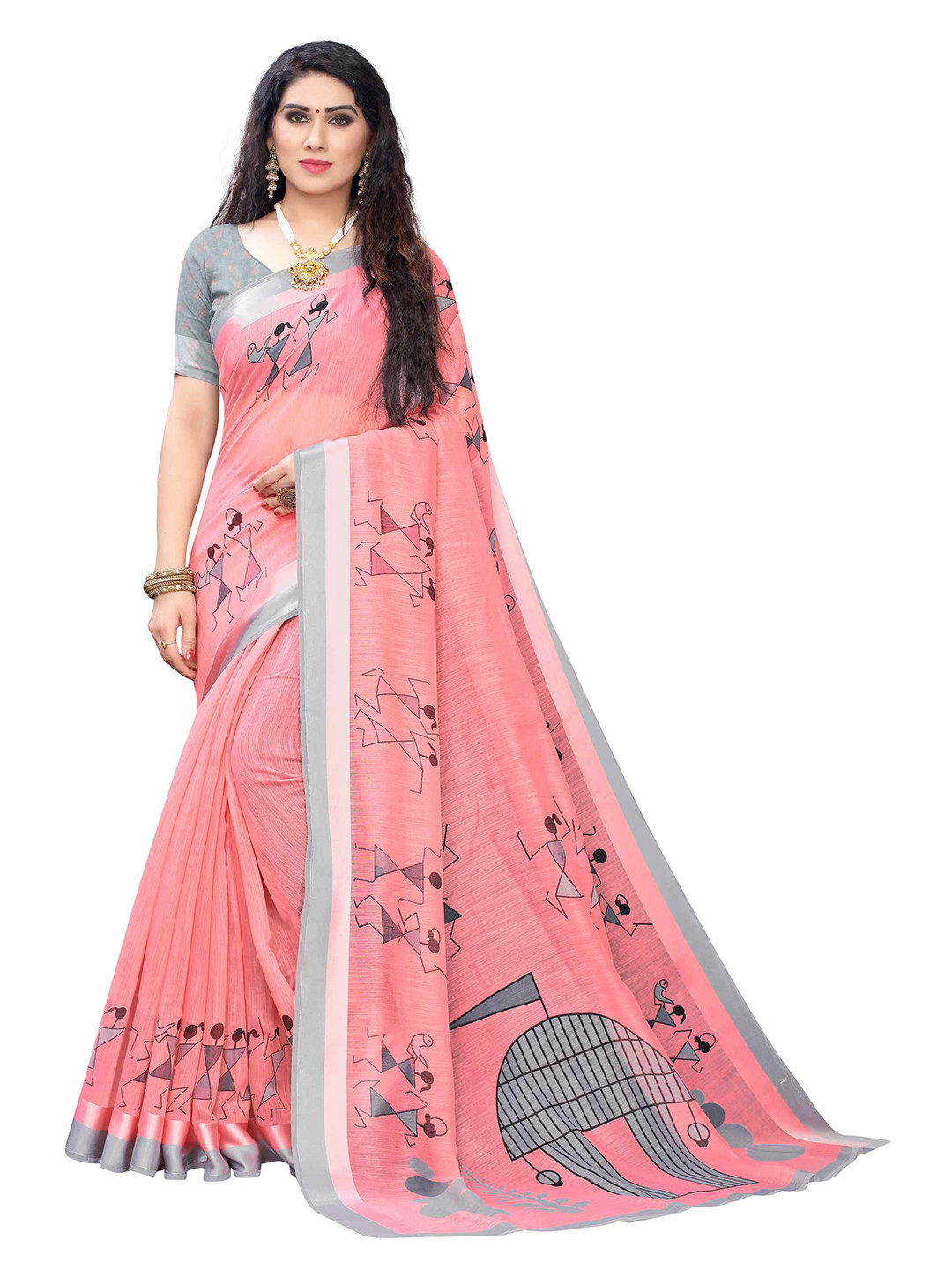 

AADVIKA Pink & Grey Warli Printed Linen Blend Saree