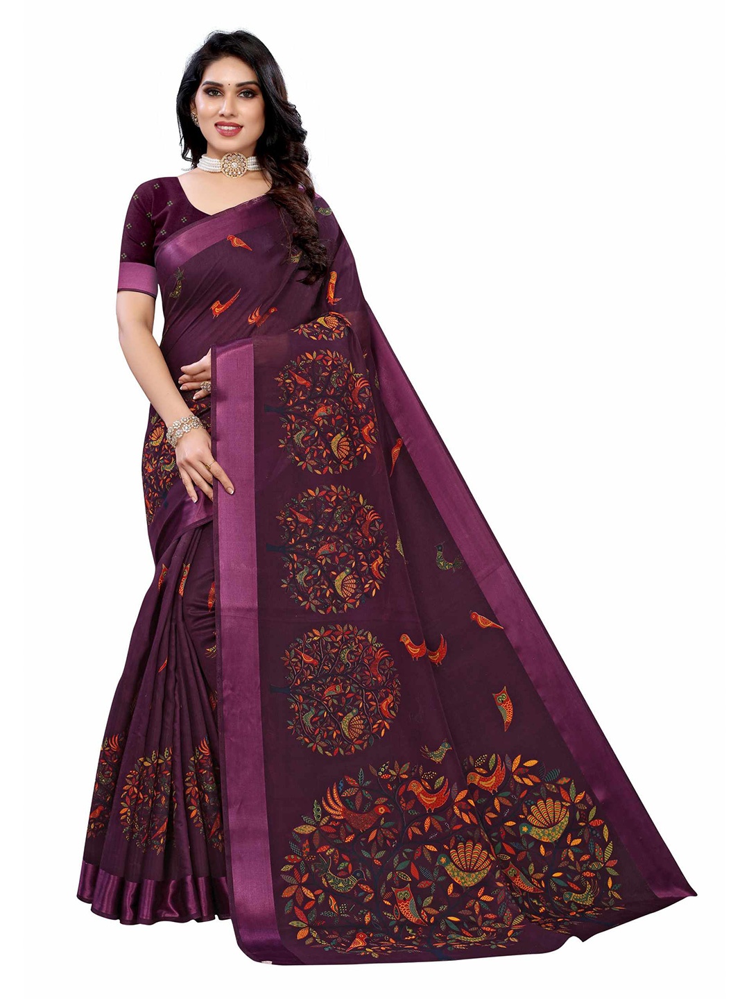 

AADVIKA Purple & Red Ethnic Motifs Printed Linen Blend Saree