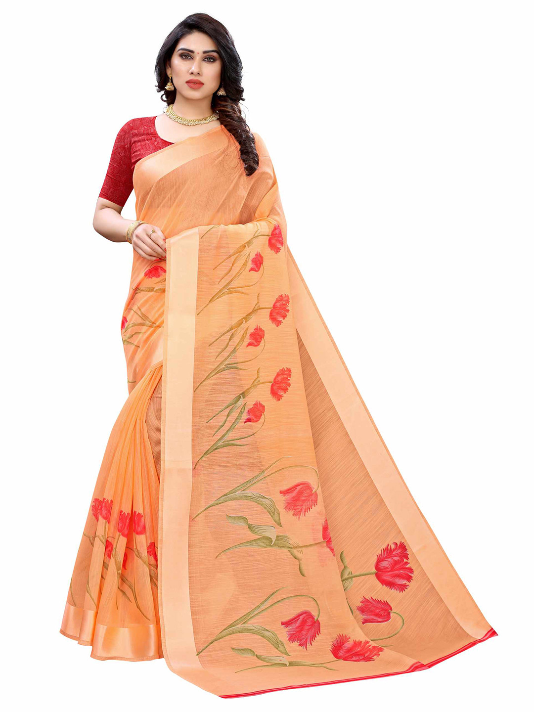 

AADVIKA Orange & Red Floral Printed Linen Blend Saree