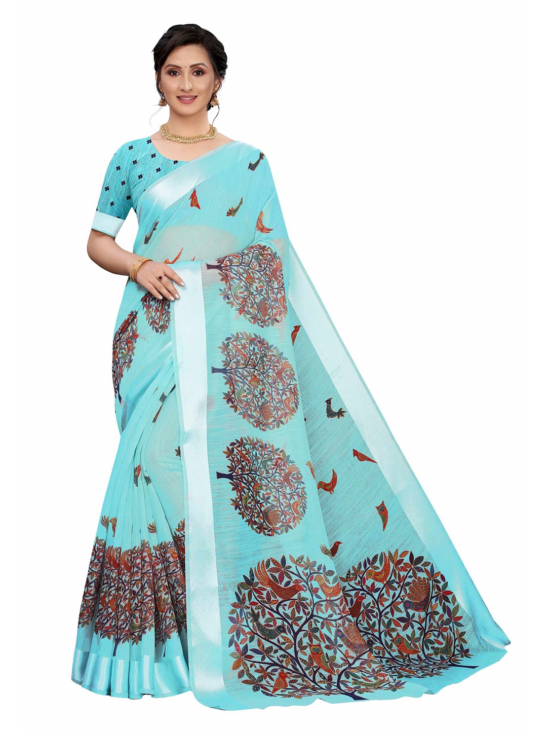 

AADVIKA Blue & Red Floral Printed Linen Blend Saree