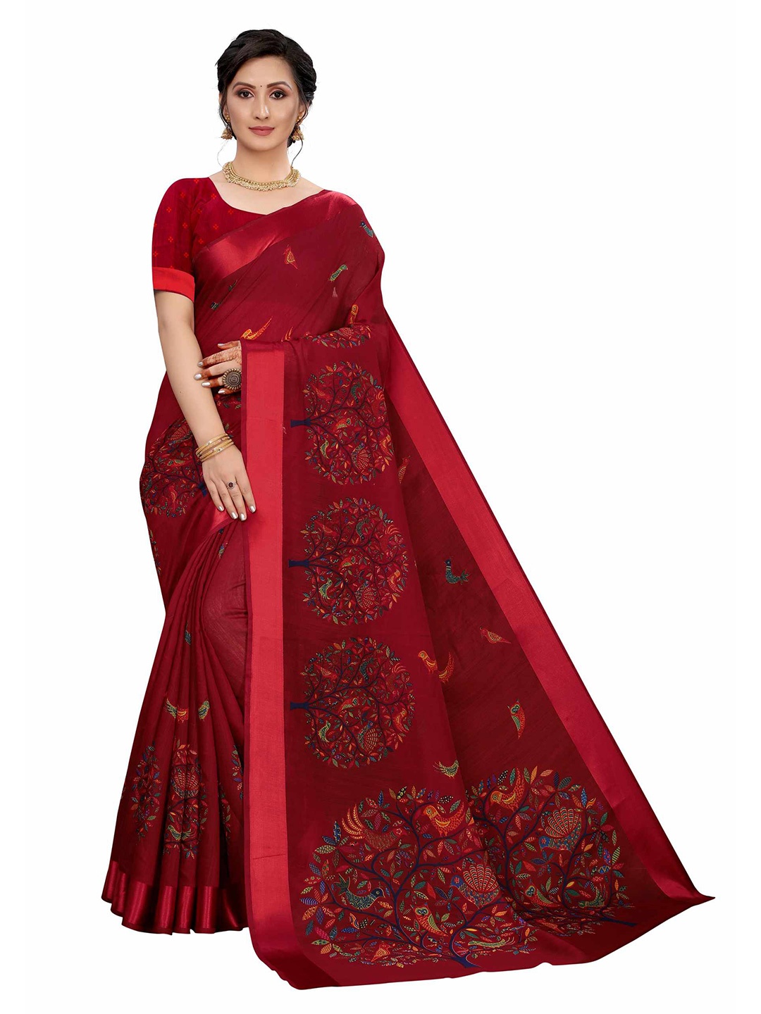 

AADVIKA Maroon Ethnic Motifs Printed Linen Blend Saree